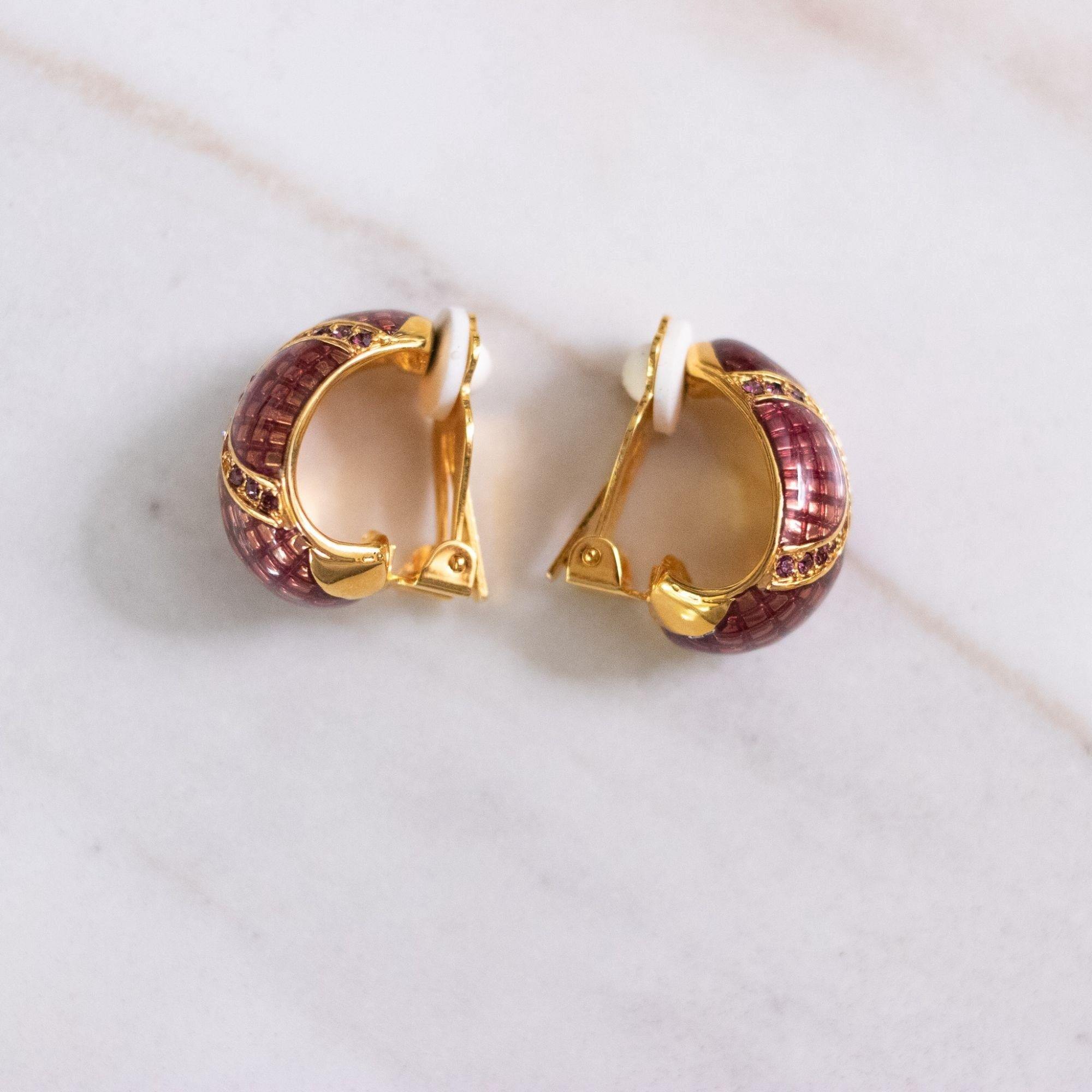 Vintage Joan Rivers Cranberry Enamel and Amethyst Crystal Earrings by Joan Rivers - Vintage Meet Modern Vintage Jewelry - Chicago, Illinois - #oldhollywoodglamour #vintagemeetmodern #designervintage #jewelrybox #antiquejewelry #vintagejewelry