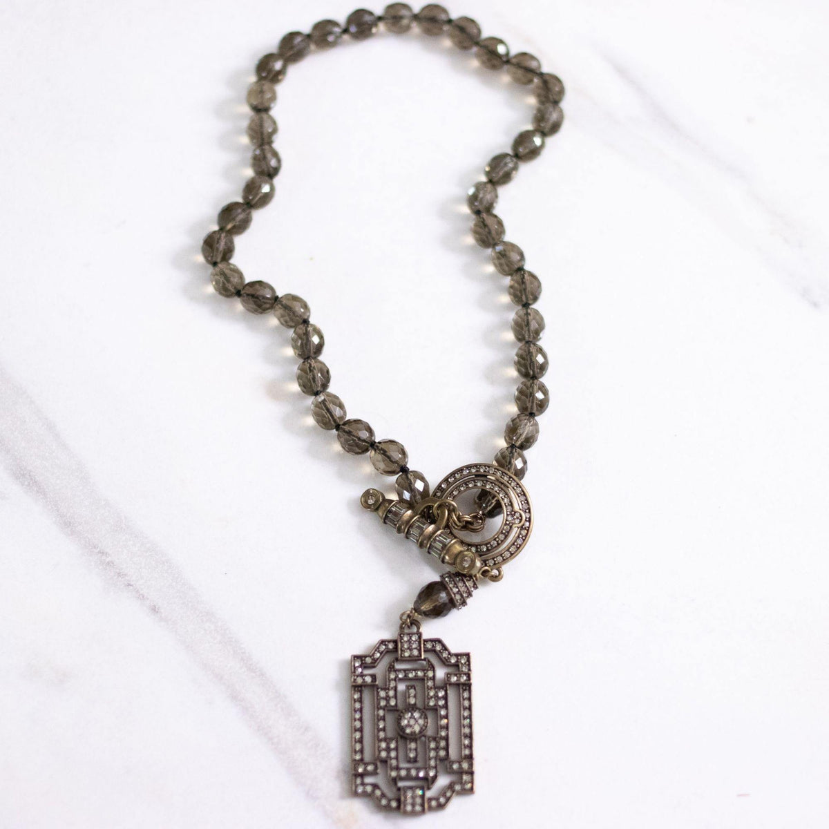 Vintage Smokey Crystal Beaded Necklace with Art Deco Pendant