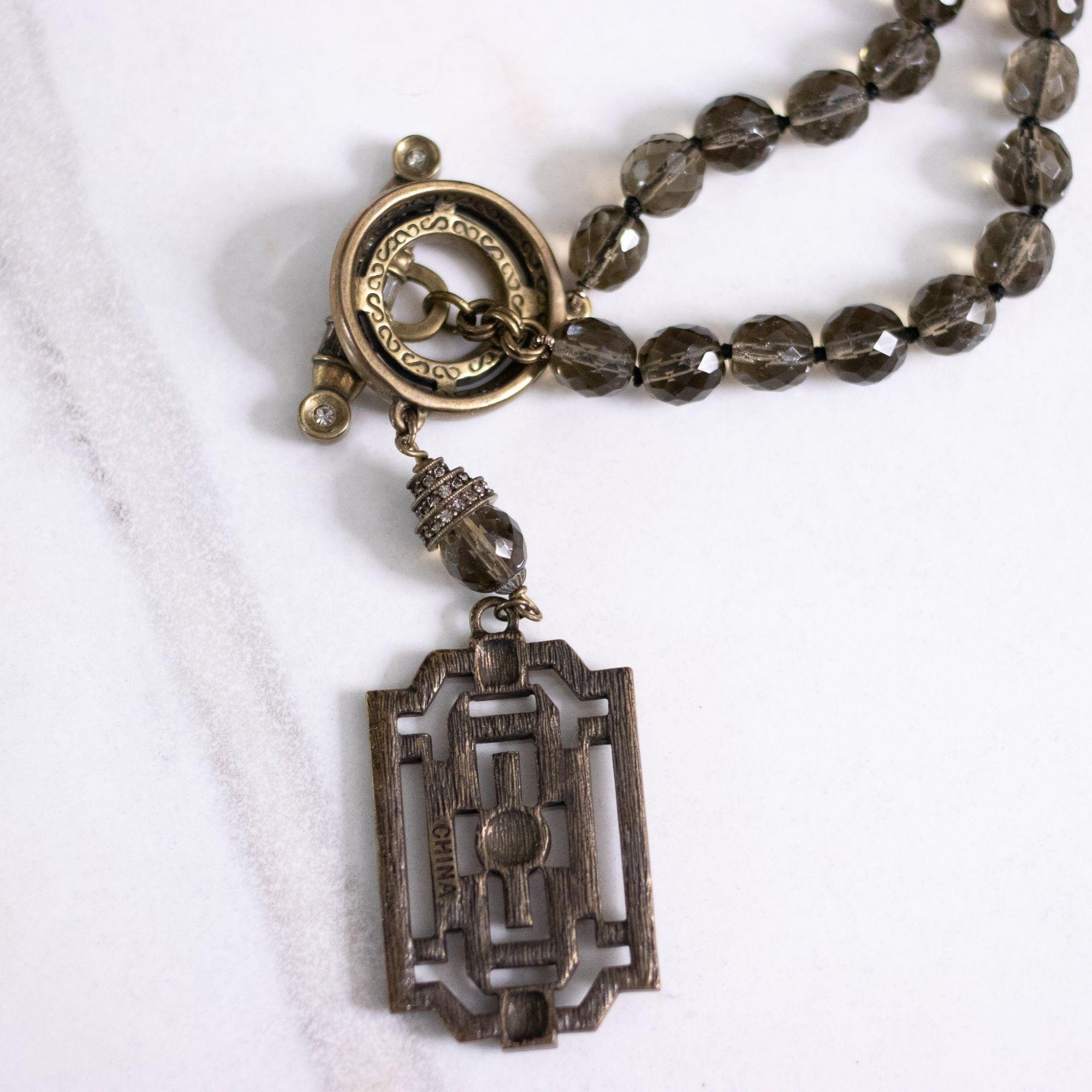 Vintage Smokey Crystal Beaded Necklace with Art Deco Pendant by Unsigned Beauty - Vintage Meet Modern Vintage Jewelry - Chicago, Illinois - #oldhollywoodglamour #vintagemeetmodern #designervintage #jewelrybox #antiquejewelry #vintagejewelry