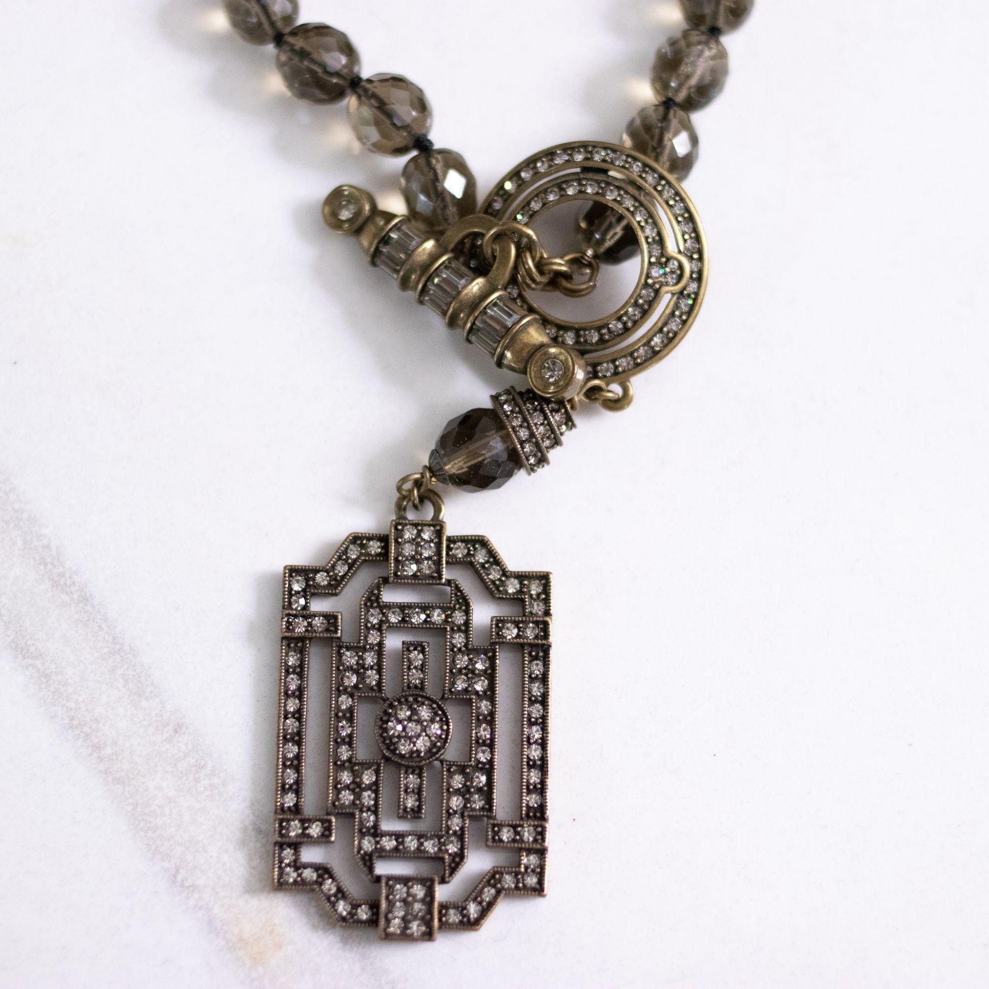 Vintage Smokey Crystal Beaded Necklace with Art Deco Pendant by Unsigned Beauty - Vintage Meet Modern Vintage Jewelry - Chicago, Illinois - #oldhollywoodglamour #vintagemeetmodern #designervintage #jewelrybox #antiquejewelry #vintagejewelry