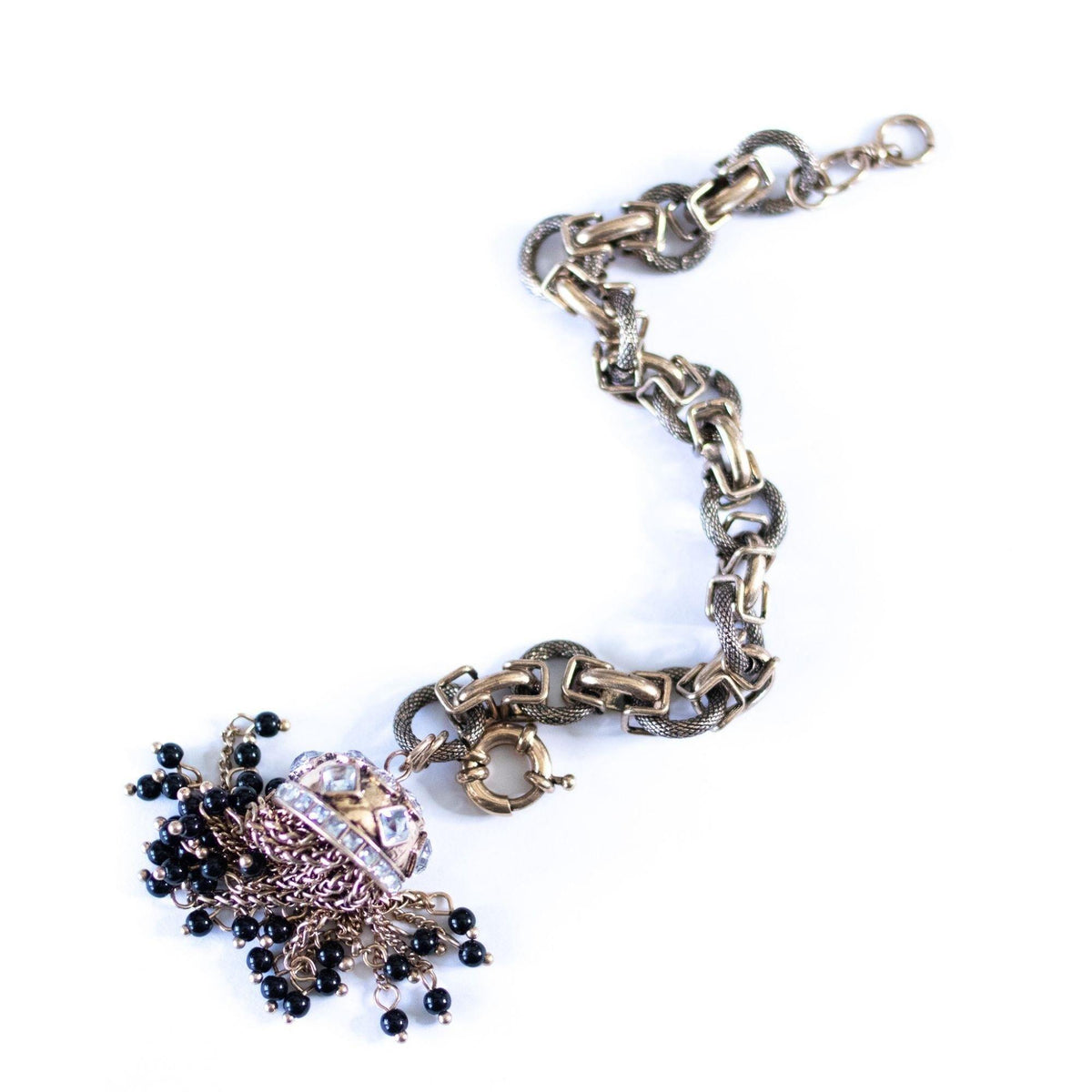 Chunky Brass Gilt Chain Bracelet with Diamante Rhinestone Domed Cap with Chain and Black Bead Tassels
