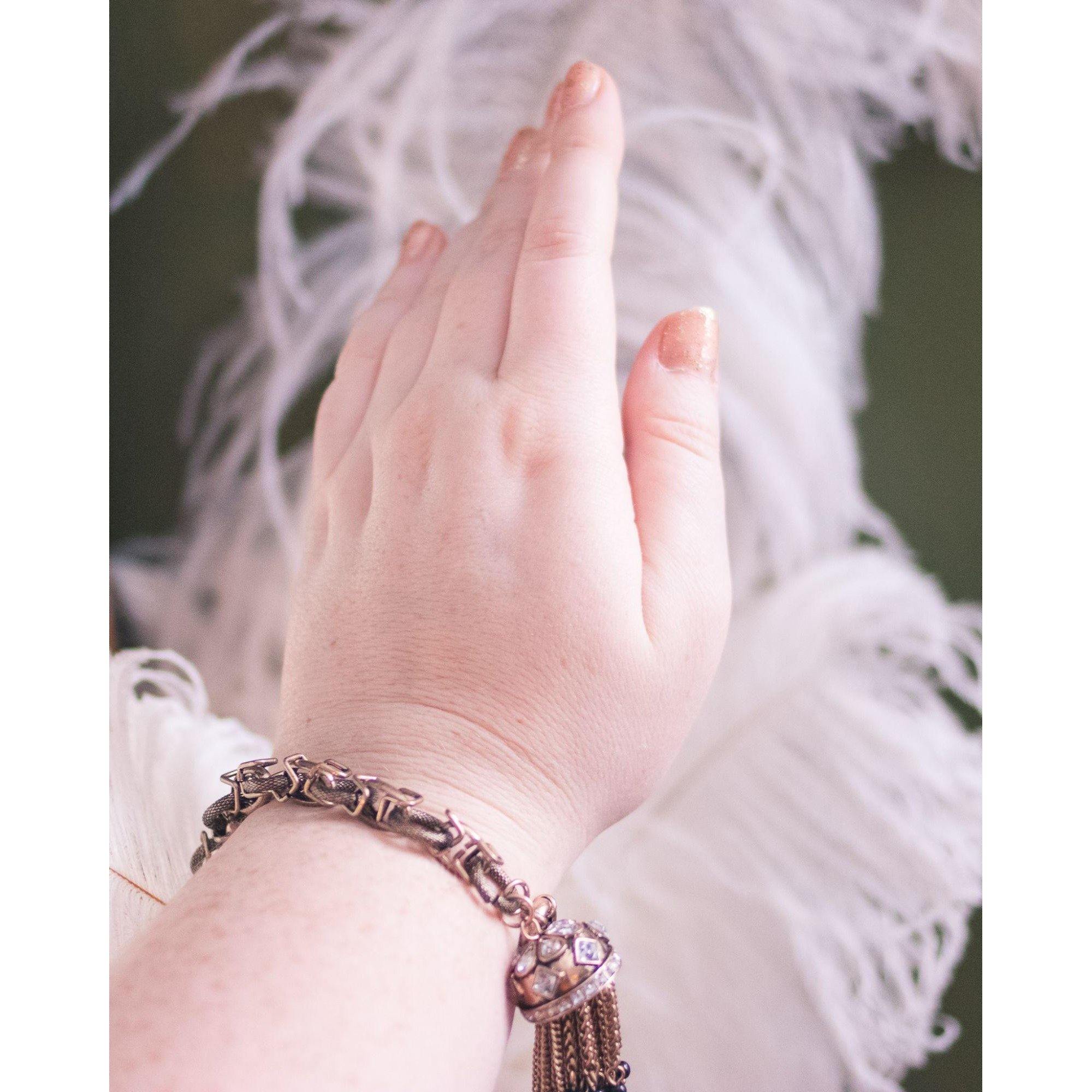 Chunky Brass Gilt Chain Bracelet with Diamante Rhinestone Domed Cap with Chain and Black Bead Tassels by Unsigned Beauty - Vintage Meet Modern Vintage Jewelry - Chicago, Illinois - #oldhollywoodglamour #vintagemeetmodern #designervintage #jewelrybox #antiquejewelry #vintagejewelry