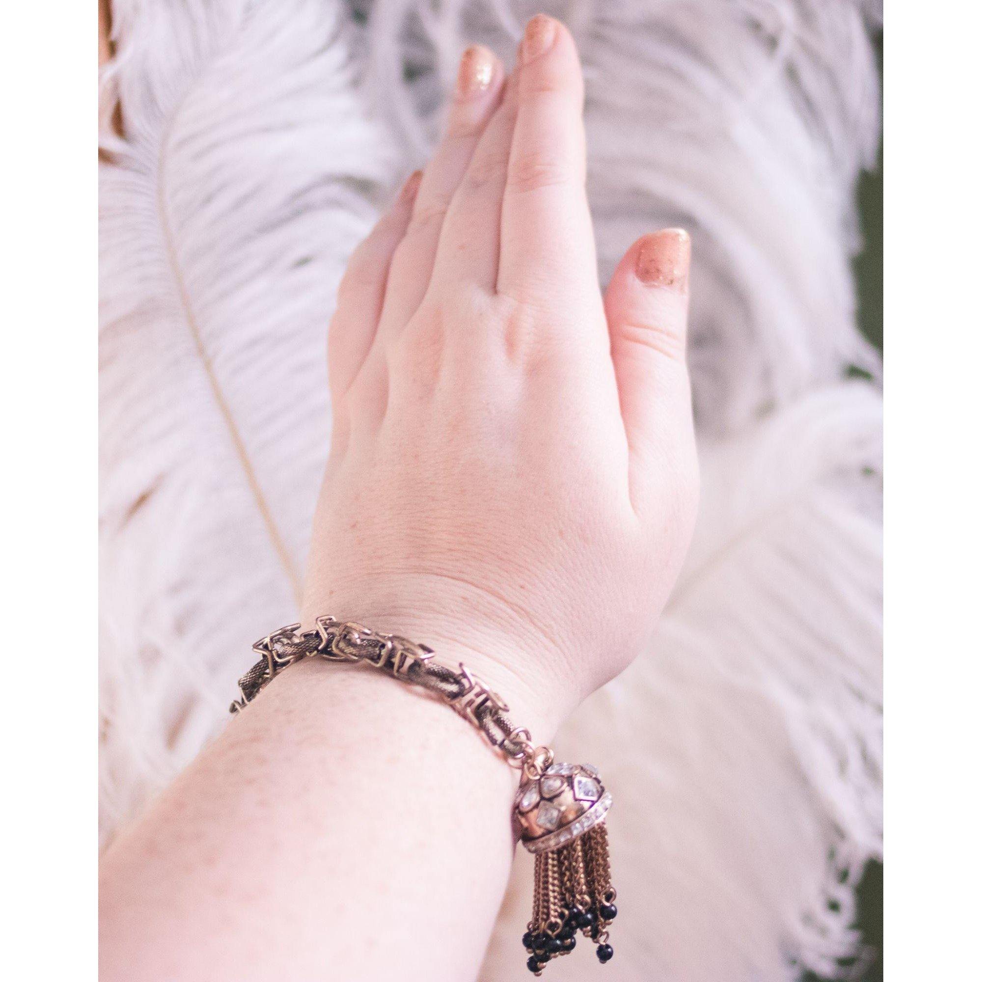 Chunky Brass Gilt Chain Bracelet with Diamante Rhinestone Domed Cap with Chain and Black Bead Tassels by Unsigned Beauty - Vintage Meet Modern Vintage Jewelry - Chicago, Illinois - #oldhollywoodglamour #vintagemeetmodern #designervintage #jewelrybox #antiquejewelry #vintagejewelry