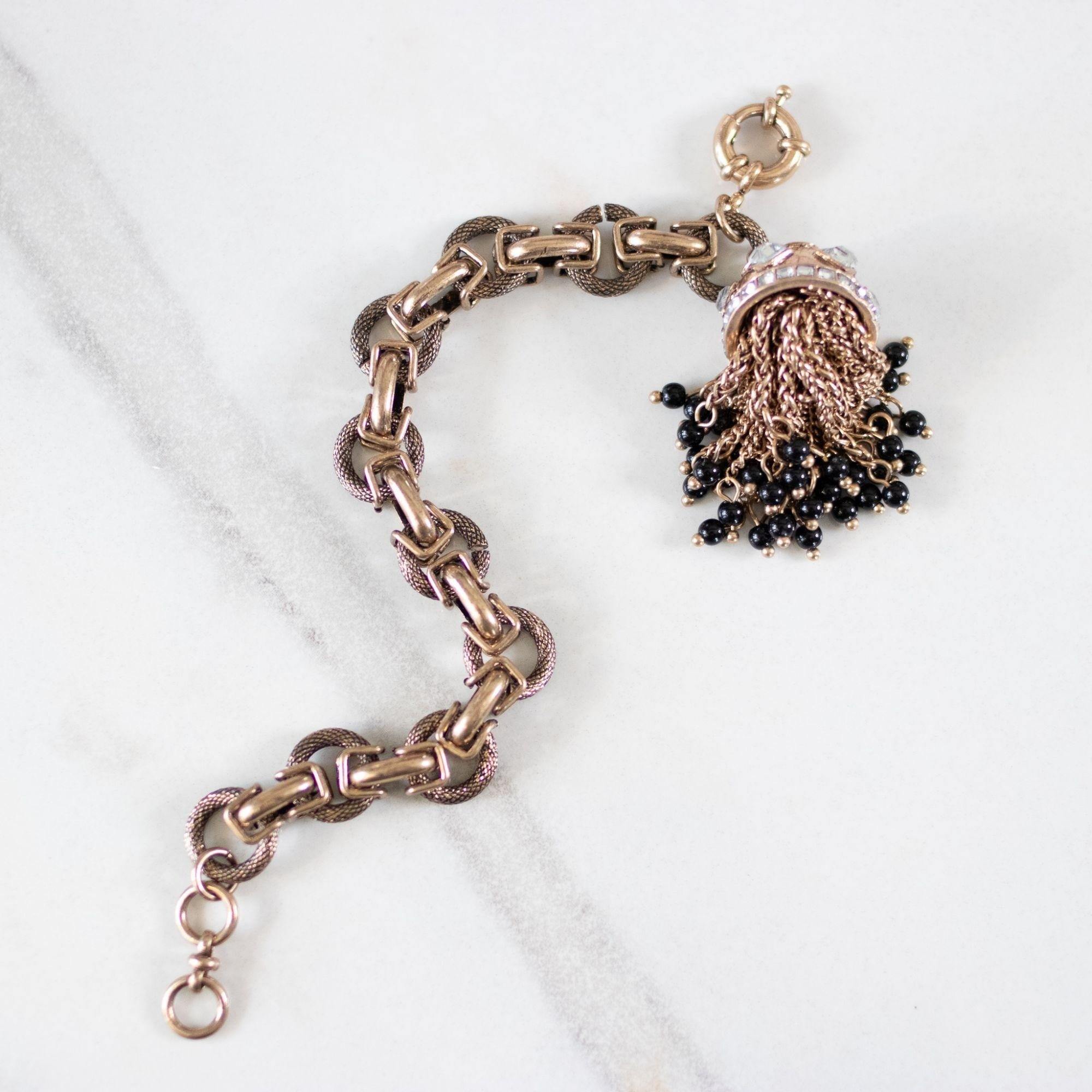 Chunky Brass Gilt Chain Bracelet with Diamante Rhinestone Domed Cap with Chain and Black Bead Tassels by Unsigned Beauty - Vintage Meet Modern Vintage Jewelry - Chicago, Illinois - #oldhollywoodglamour #vintagemeetmodern #designervintage #jewelrybox #antiquejewelry #vintagejewelry