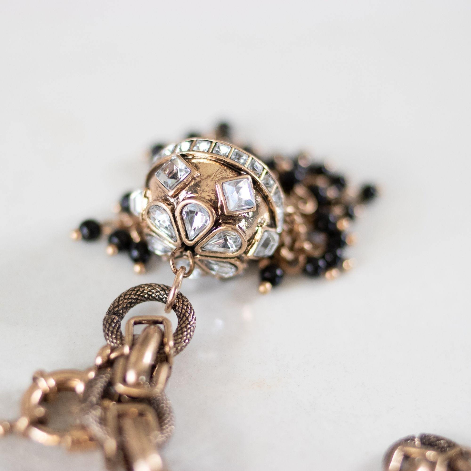 Chunky Brass Gilt Chain Bracelet with Diamante Rhinestone Domed Cap with Chain and Black Bead Tassels by Unsigned Beauty - Vintage Meet Modern Vintage Jewelry - Chicago, Illinois - #oldhollywoodglamour #vintagemeetmodern #designervintage #jewelrybox #antiquejewelry #vintagejewelry