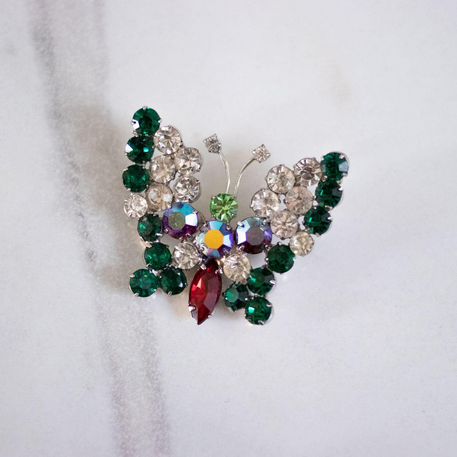 Vintage Colorful Rhinestone Butterfly Brooch by Unsigned Beauty - Vintage Meet Modern Vintage Jewelry - Chicago, Illinois - #oldhollywoodglamour #vintagemeetmodern #designervintage #jewelrybox #antiquejewelry #vintagejewelry