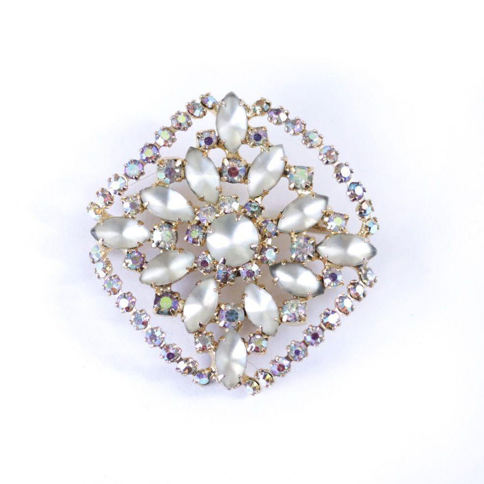Vintage Champagne Satin Glass and Rhinestone Brooch