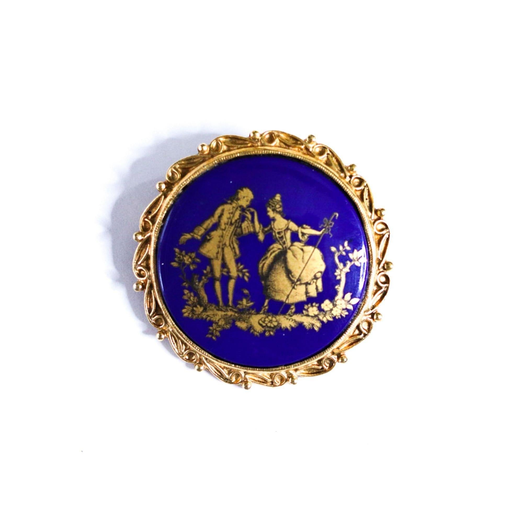 Vintage Victorian Revival Blue and Gold Cameo Courting Scene Brooch by Unsigned Beauty - Vintage Meet Modern Vintage Jewelry - Chicago, Illinois - #oldhollywoodglamour #vintagemeetmodern #designervintage #jewelrybox #antiquejewelry #vintagejewelry