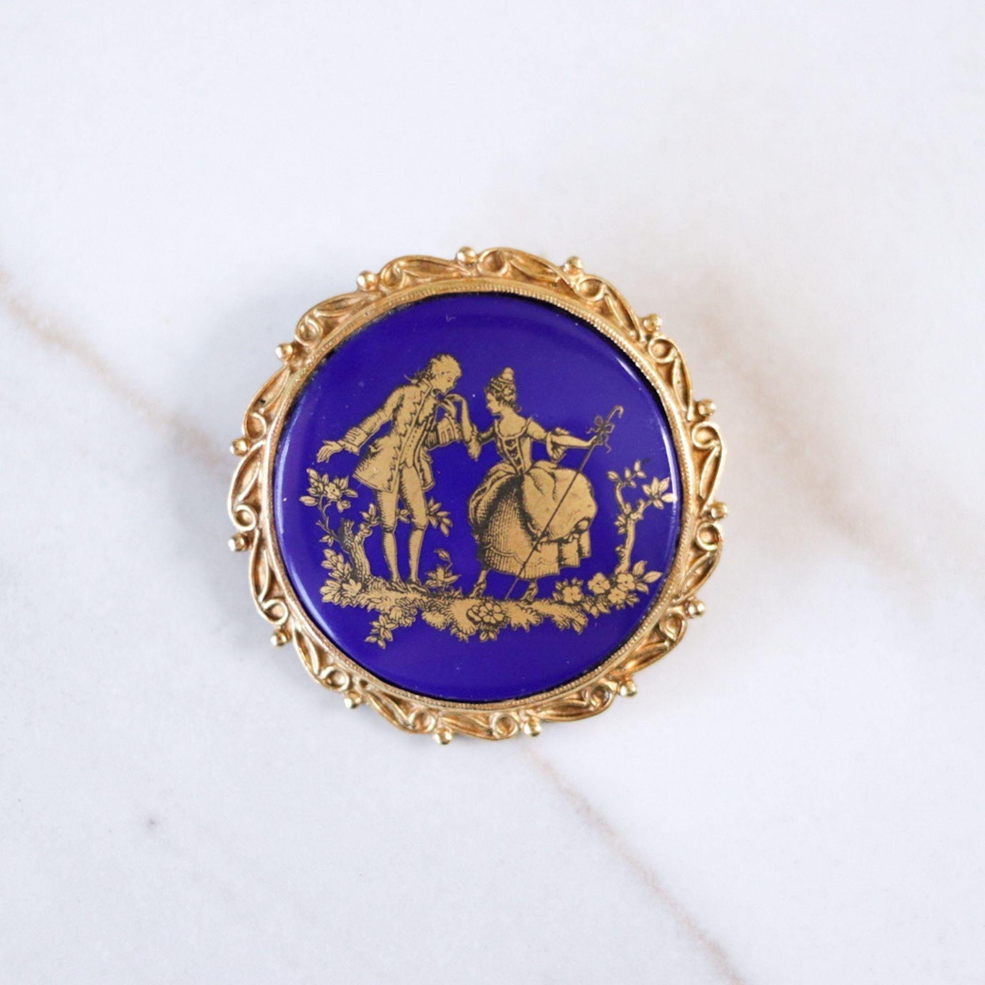 Vintage Victorian Revival Blue and Gold Cameo Courting Scene Brooch by Unsigned Beauty - Vintage Meet Modern Vintage Jewelry - Chicago, Illinois - #oldhollywoodglamour #vintagemeetmodern #designervintage #jewelrybox #antiquejewelry #vintagejewelry