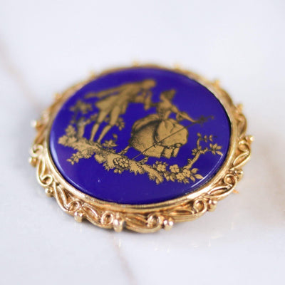Vintage Victorian Revival Blue and Gold Cameo Courting Scene Brooch by Unsigned Beauty - Vintage Meet Modern Vintage Jewelry - Chicago, Illinois - #oldhollywoodglamour #vintagemeetmodern #designervintage #jewelrybox #antiquejewelry #vintagejewelry