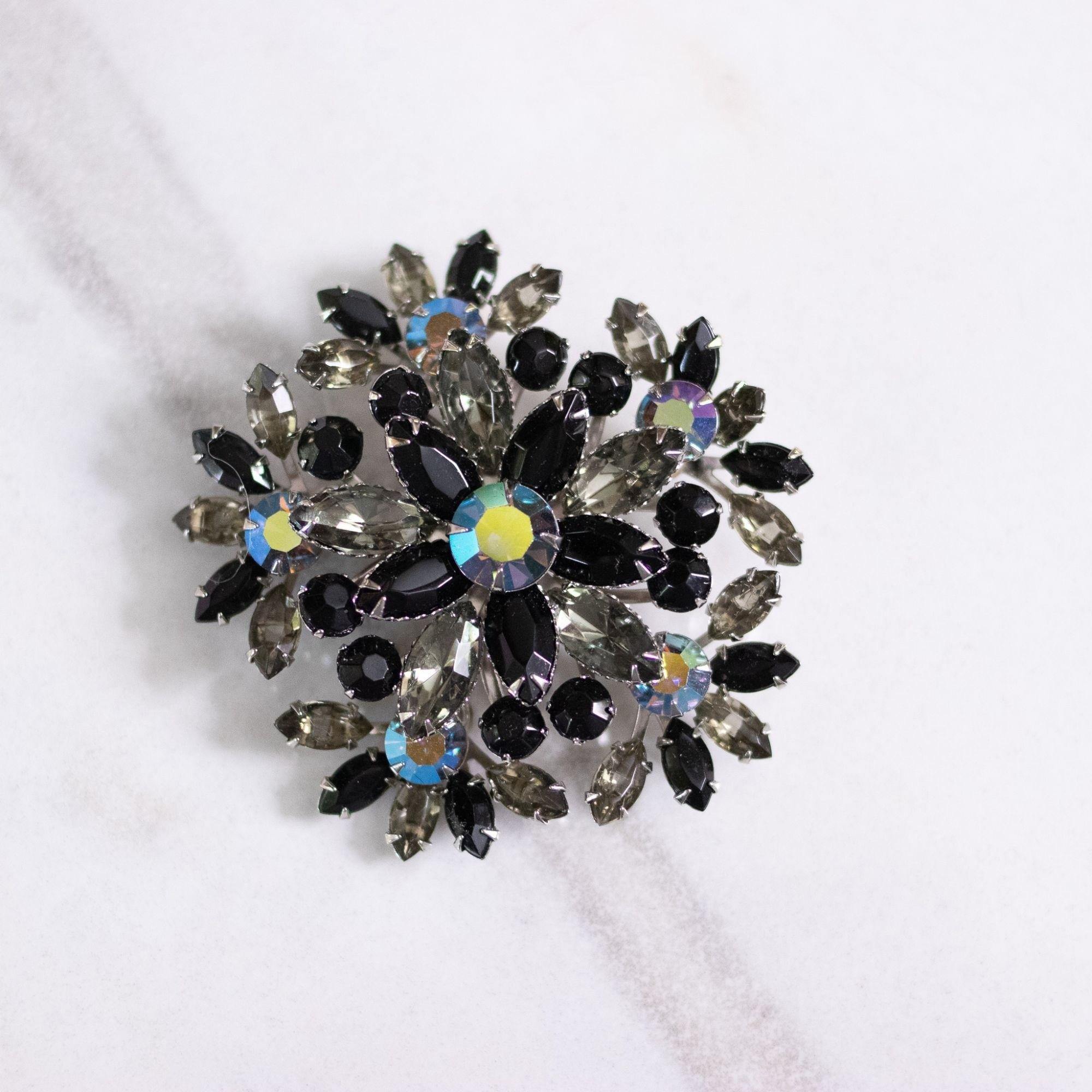 Vintage Black Jet and Sparkly Aurora Borealis Rhinestone Brooch by Unsigned Beauty - Vintage Meet Modern Vintage Jewelry - Chicago, Illinois - #oldhollywoodglamour #vintagemeetmodern #designervintage #jewelrybox #antiquejewelry #vintagejewelry