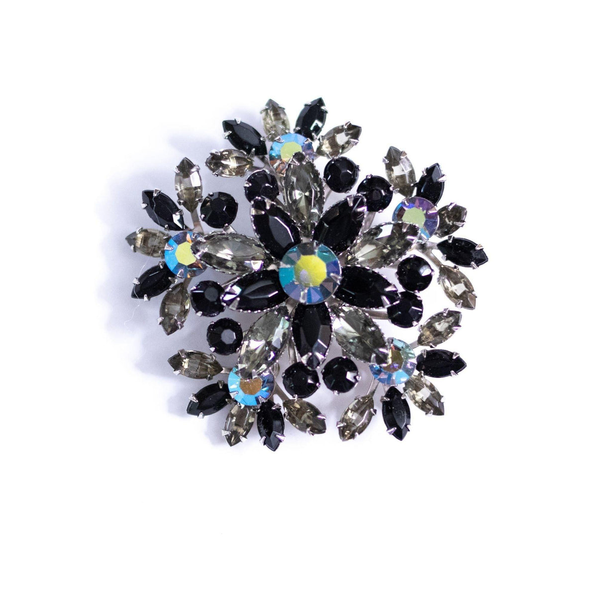 Vintage Black Jet and Sparkly Aurora Borealis Rhinestone Brooch