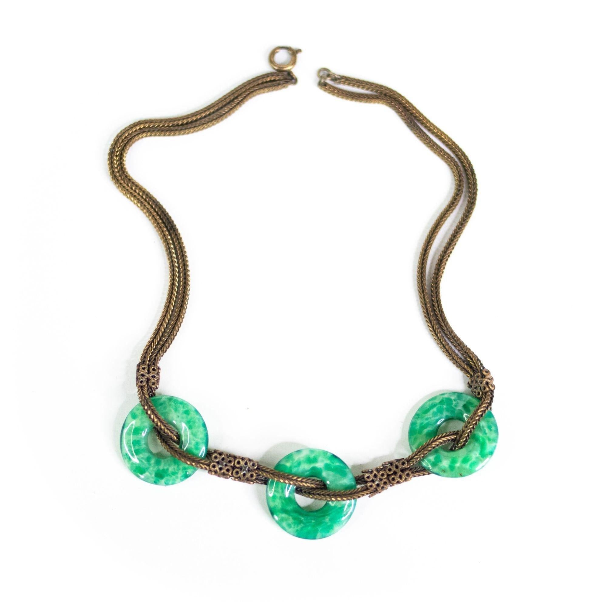 Vintage Czech Peking Glass Jade Green Disc Necklace by Czech - Vintage Meet Modern Vintage Jewelry - Chicago, Illinois - #oldhollywoodglamour #vintagemeetmodern #designervintage #jewelrybox #antiquejewelry #vintagejewelry