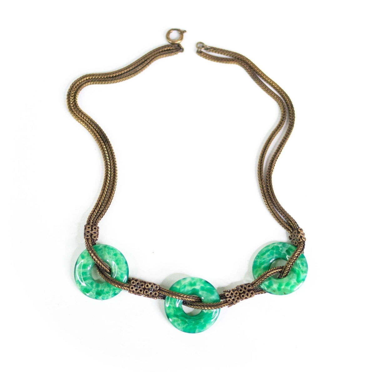 Vintage Czech Peking Glass Jade Green Disc Necklace