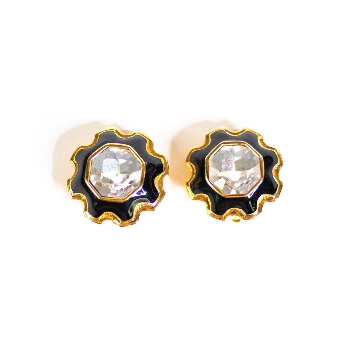 Vintage Savvy Swarovski Black Enamel and Diamante Headlight Rhinestone Statement Earrings