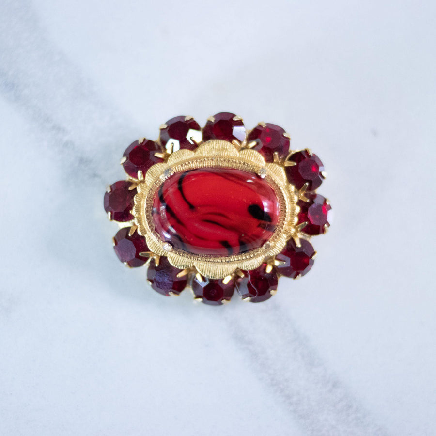 Vintage Oval Red Rhinestone Brooch by Unsigned Beauty - Vintage Meet Modern Vintage Jewelry - Chicago, Illinois - #oldhollywoodglamour #vintagemeetmodern #designervintage #jewelrybox #antiquejewelry #vintagejewelry