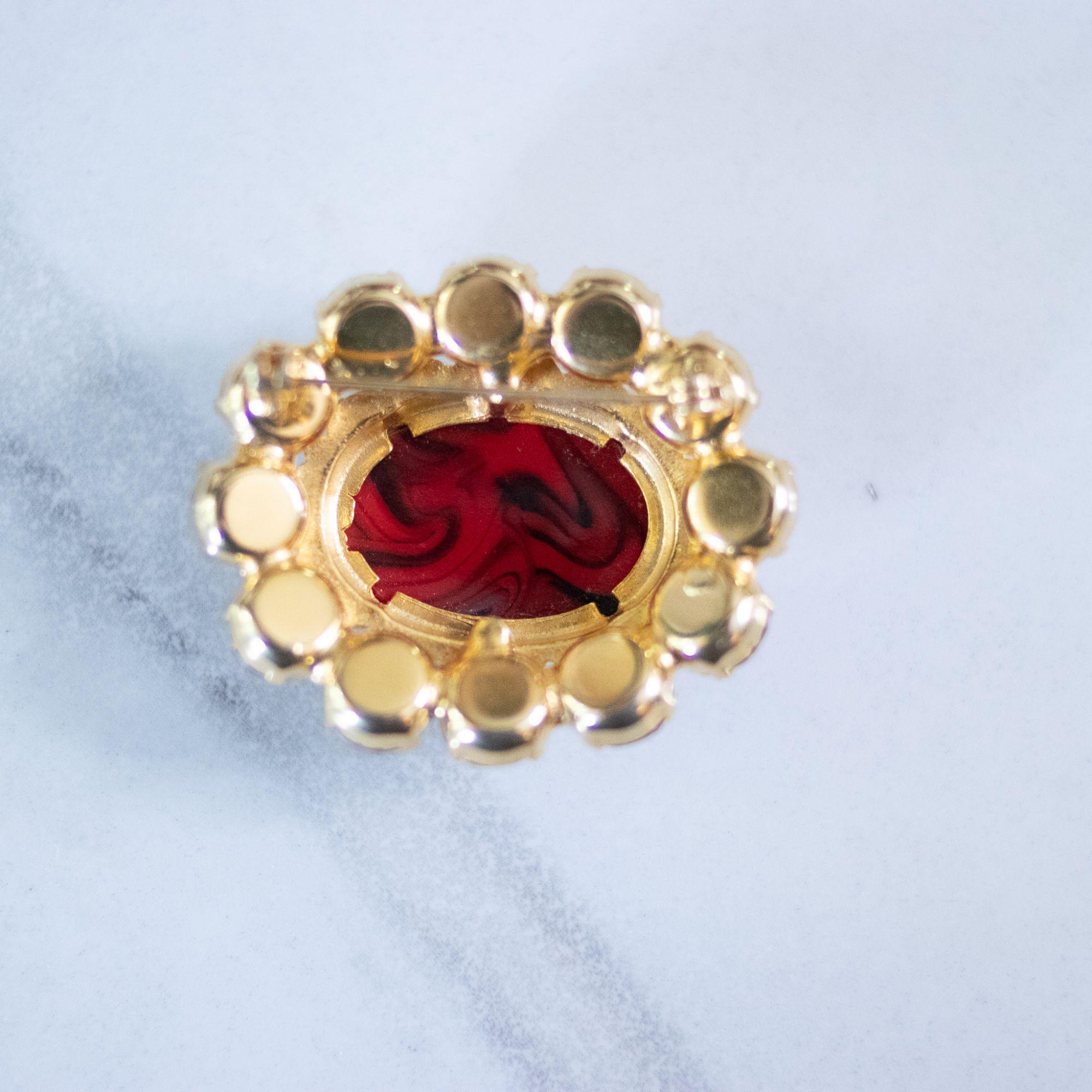 Vintage Oval Red Rhinestone Brooch by Unsigned Beauty - Vintage Meet Modern Vintage Jewelry - Chicago, Illinois - #oldhollywoodglamour #vintagemeetmodern #designervintage #jewelrybox #antiquejewelry #vintagejewelry