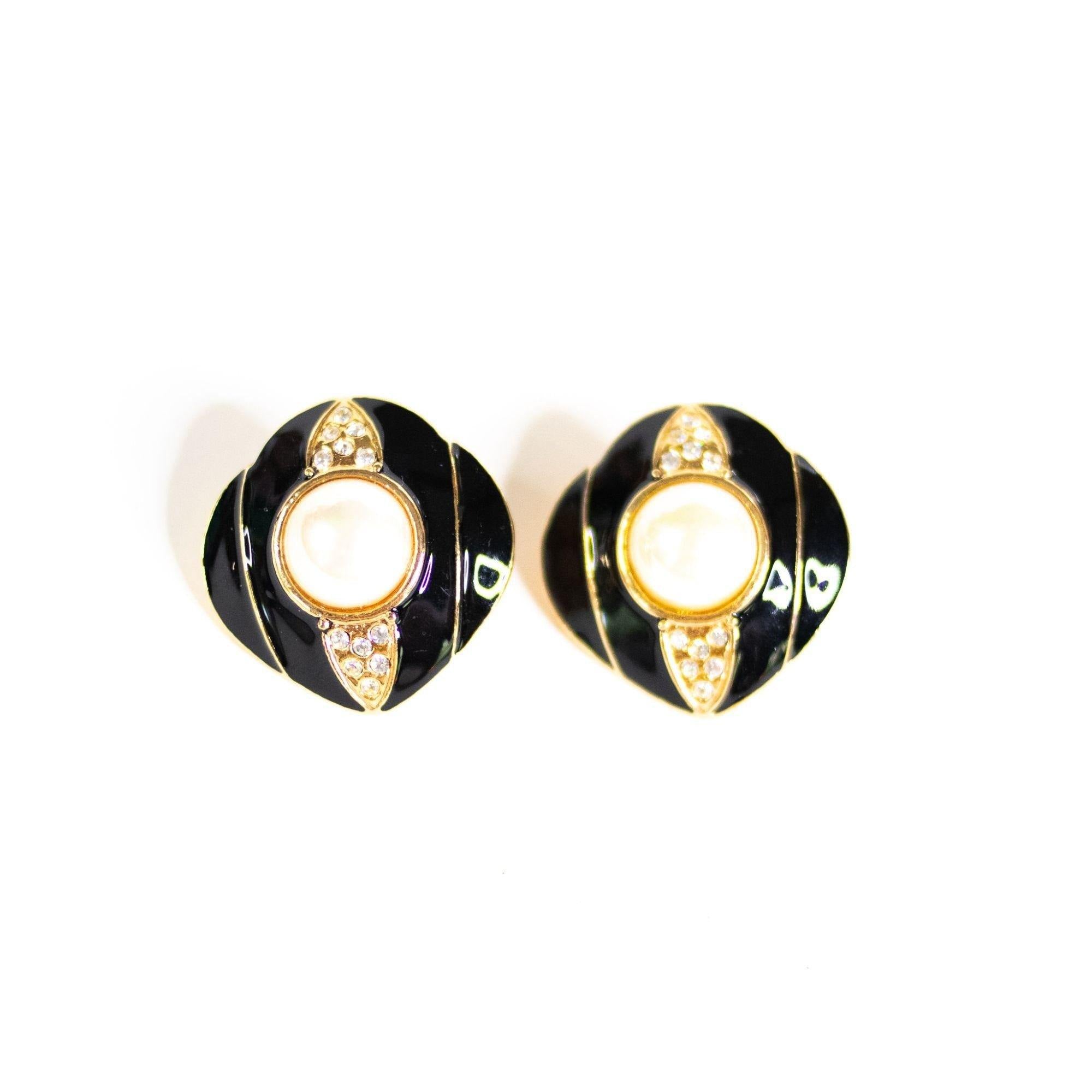 Black Enamel, Pave Crystal, Faux Pearl Statement Earrings by Vintage Meet Modern - Vintage Meet Modern Vintage Jewelry - Chicago, Illinois - #oldhollywoodglamour #vintagemeetmodern #designervintage #jewelrybox #antiquejewelry #vintagejewelry