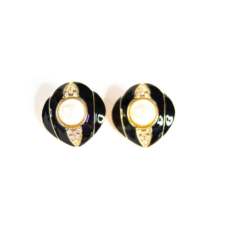 Black Enamel, Pave Crystal, Faux Pearl Statement Earrings by Vintage Meet Modern - Vintage Meet Modern Vintage Jewelry - Chicago, Illinois - #oldhollywoodglamour #vintagemeetmodern #designervintage #jewelrybox #antiquejewelry #vintagejewelry