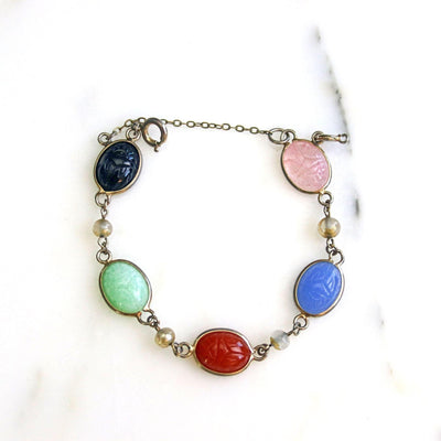Vintage Gemstone Scarab Bracelet with Agate, Rose Quartz, Carnelian, Jade, and Onyx by Unsigned Beauty - Vintage Meet Modern Vintage Jewelry - Chicago, Illinois - #oldhollywoodglamour #vintagemeetmodern #designervintage #jewelrybox #antiquejewelry #vintagejewelry
