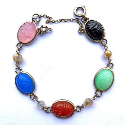 Vintage Gemstone Scarab Bracelet with Agate, Rose Quartz, Carnelian, Jade, and Onyx by Unsigned Beauty - Vintage Meet Modern Vintage Jewelry - Chicago, Illinois - #oldhollywoodglamour #vintagemeetmodern #designervintage #jewelrybox #antiquejewelry #vintagejewelry