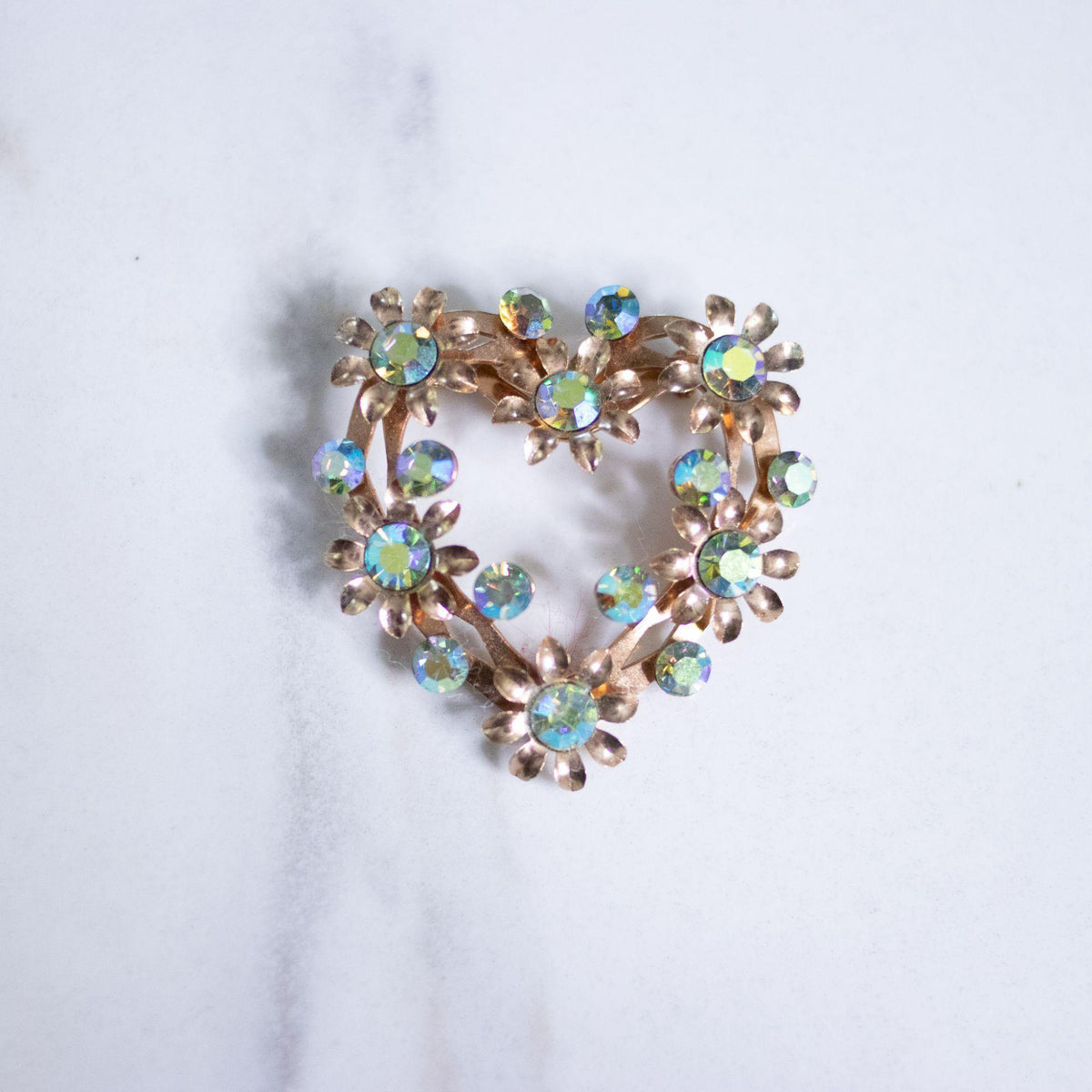 Vintage Gold Leaves and Aurora Borealis Heart Brooch