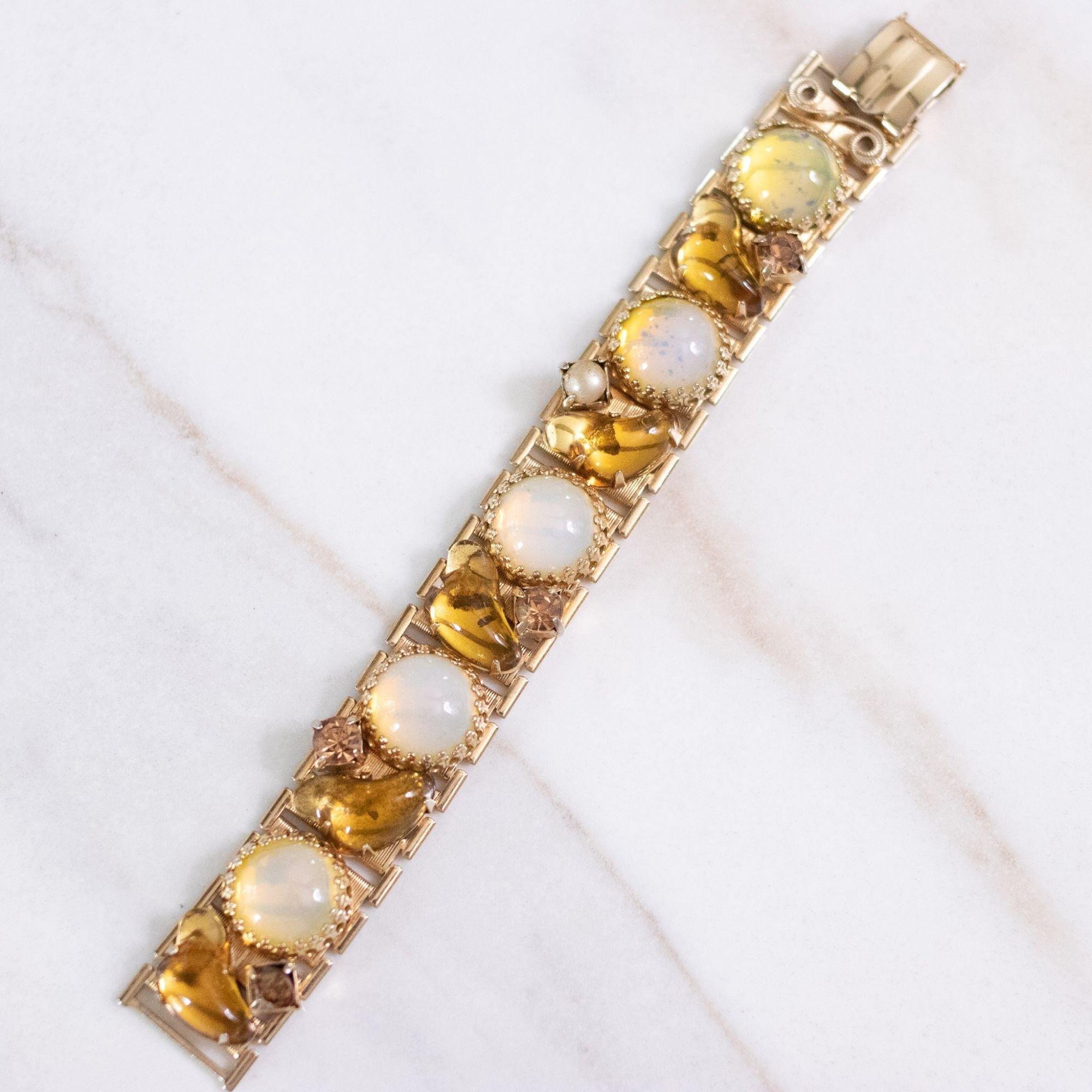 Vintage Opaline and Amber Rhinestone Panel Bracelet by Unsigned Beauty - Vintage Meet Modern Vintage Jewelry - Chicago, Illinois - #oldhollywoodglamour #vintagemeetmodern #designervintage #jewelrybox #antiquejewelry #vintagejewelry