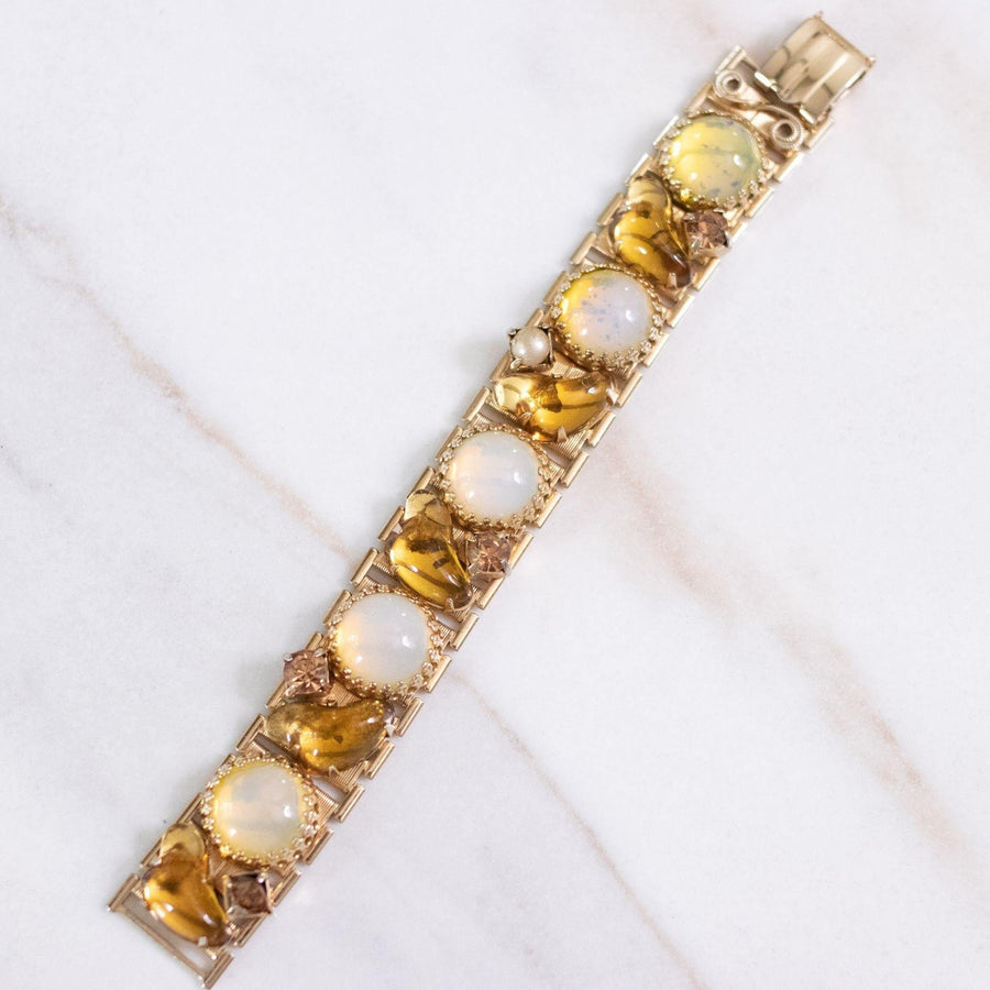 Vintage Opaline and Amber Rhinestone Panel Bracelet by Unsigned Beauty - Vintage Meet Modern Vintage Jewelry - Chicago, Illinois - #oldhollywoodglamour #vintagemeetmodern #designervintage #jewelrybox #antiquejewelry #vintagejewelry
