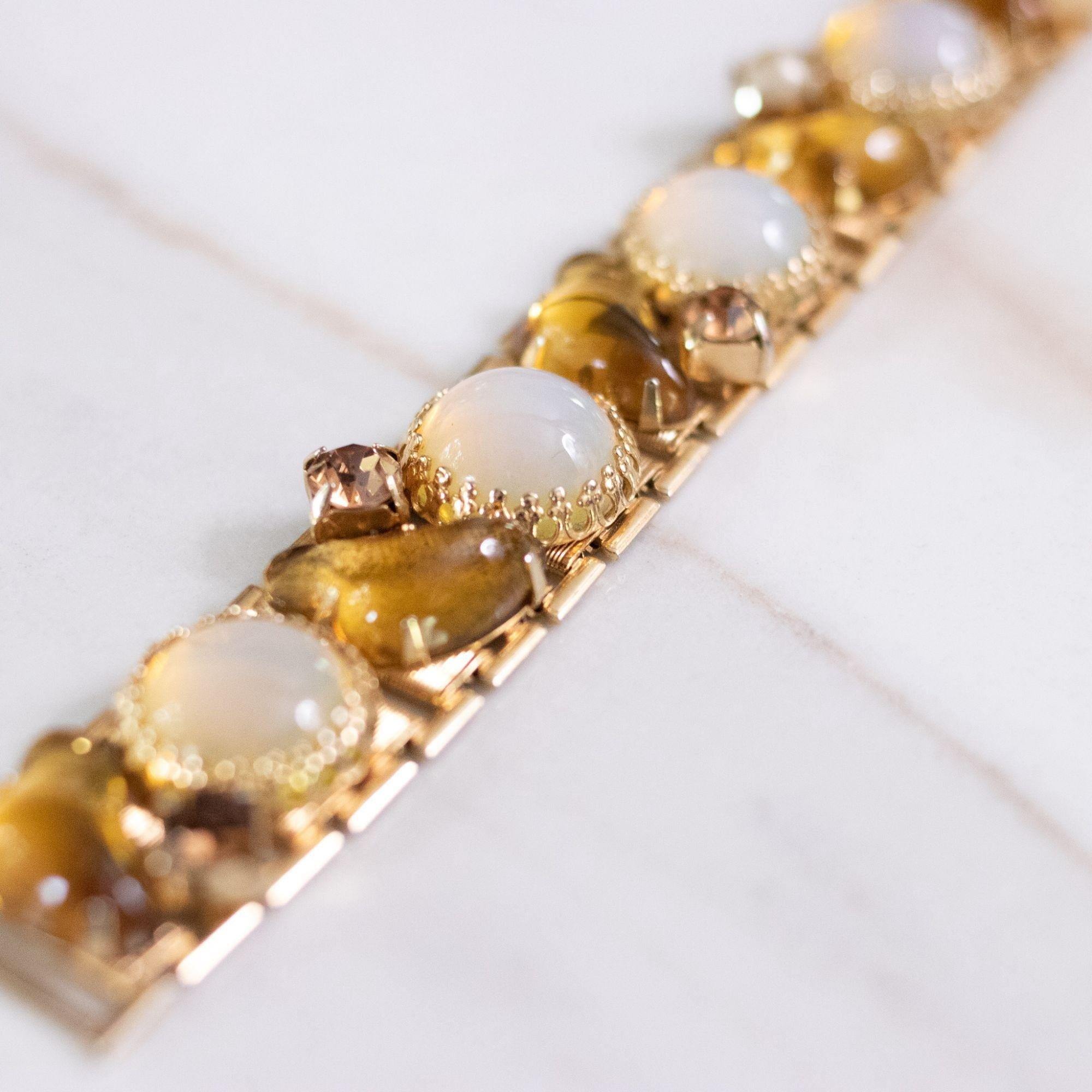 Vintage Opaline and Amber Rhinestone Panel Bracelet by Unsigned Beauty - Vintage Meet Modern Vintage Jewelry - Chicago, Illinois - #oldhollywoodglamour #vintagemeetmodern #designervintage #jewelrybox #antiquejewelry #vintagejewelry