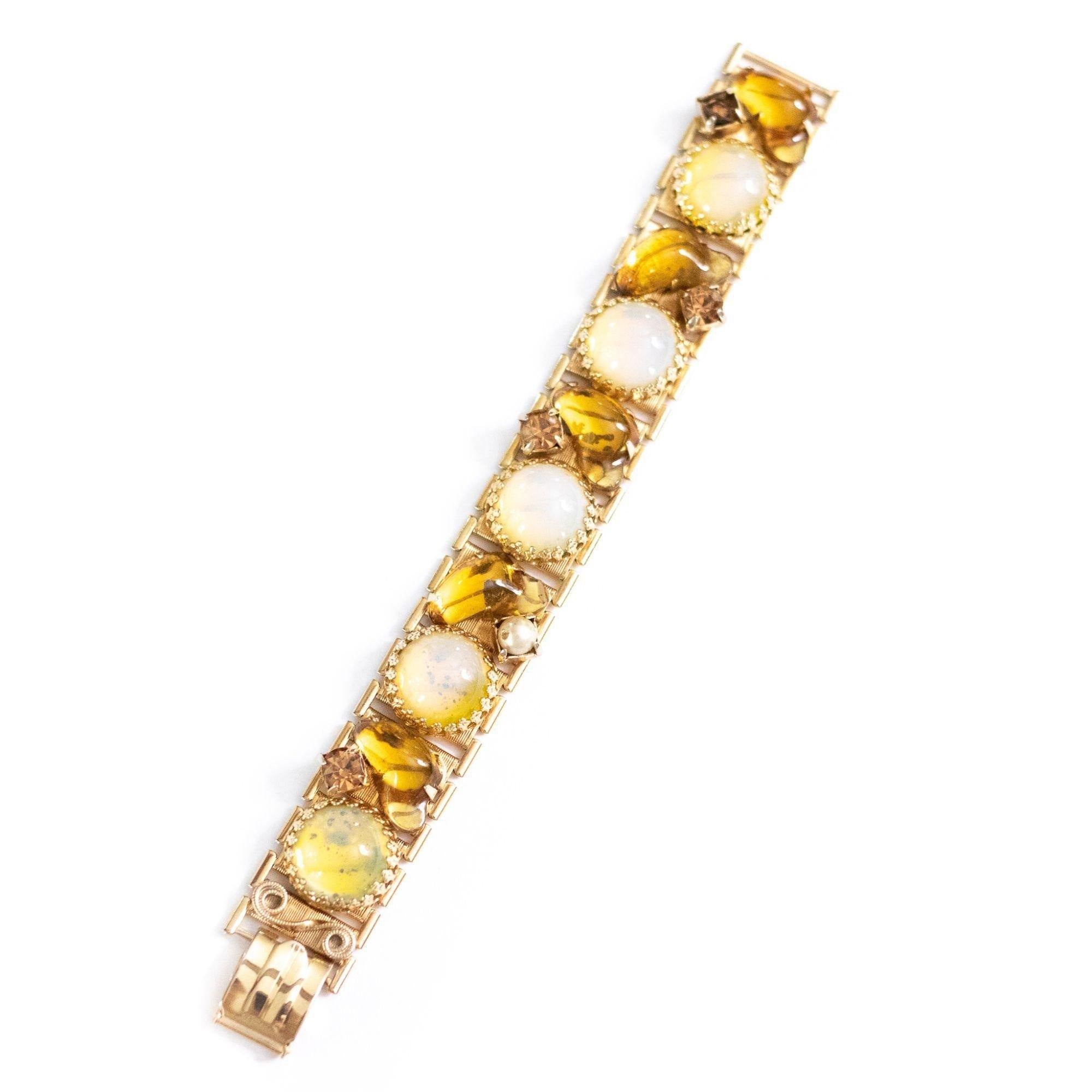 Vintage Opaline and Amber Rhinestone Panel Bracelet by Unsigned Beauty - Vintage Meet Modern Vintage Jewelry - Chicago, Illinois - #oldhollywoodglamour #vintagemeetmodern #designervintage #jewelrybox #antiquejewelry #vintagejewelry