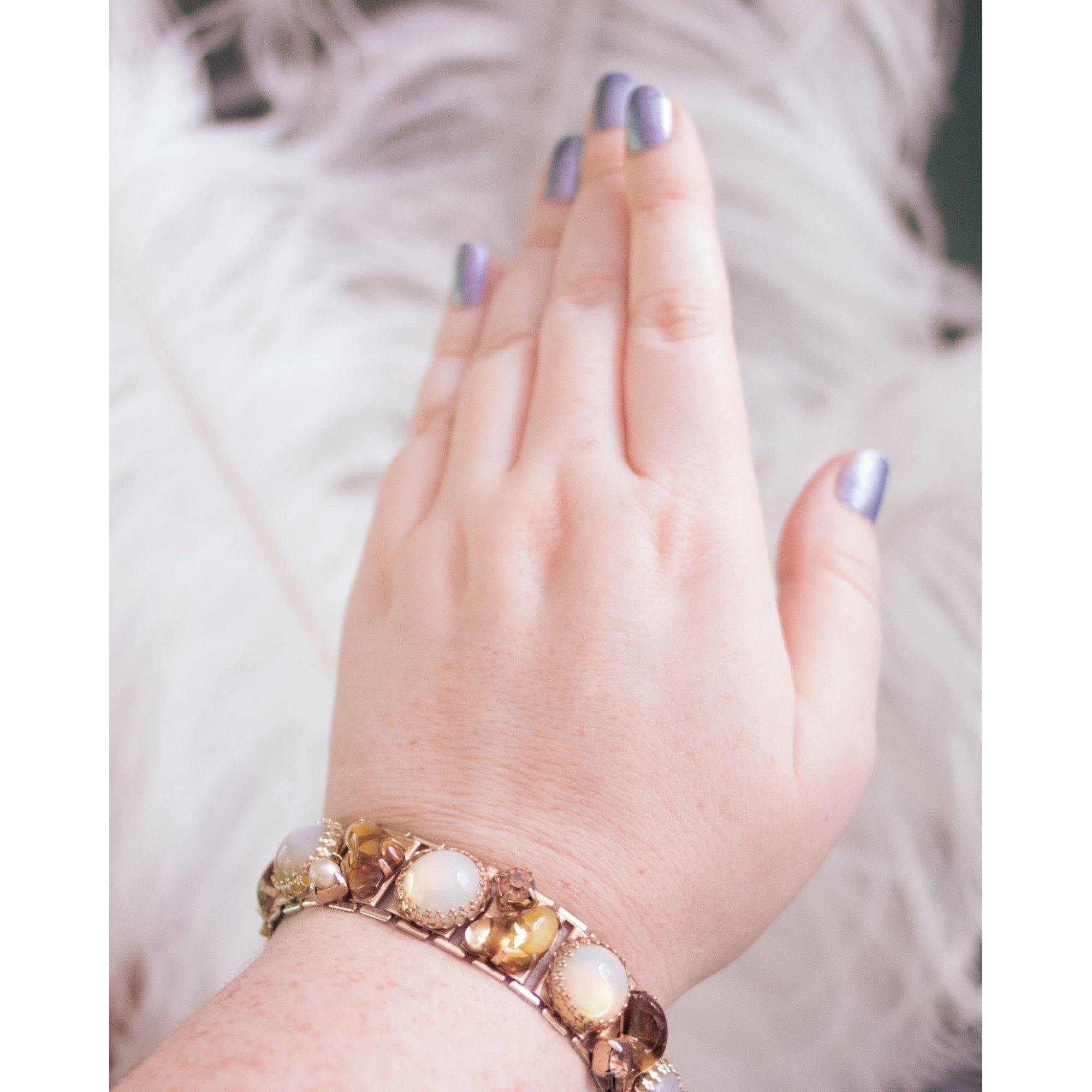 Vintage Opaline and Amber Rhinestone Panel Bracelet by Unsigned Beauty - Vintage Meet Modern Vintage Jewelry - Chicago, Illinois - #oldhollywoodglamour #vintagemeetmodern #designervintage #jewelrybox #antiquejewelry #vintagejewelry