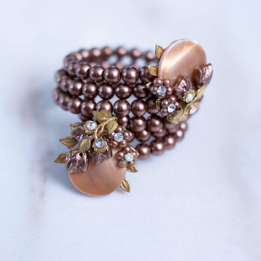 Vintage Champagne Mother of Pearl, Brown Pearl, Rhinestone Memory Wire Bracelet by Unsigned Beauty - Vintage Meet Modern Vintage Jewelry - Chicago, Illinois - #oldhollywoodglamour #vintagemeetmodern #designervintage #jewelrybox #antiquejewelry #vintagejewelry