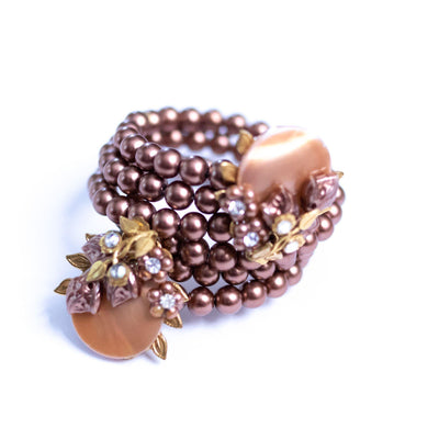Vintage Champagne Mother of Pearl, Brown Pearl, Rhinestone Memory Wire Bracelet by Unsigned Beauty - Vintage Meet Modern Vintage Jewelry - Chicago, Illinois - #oldhollywoodglamour #vintagemeetmodern #designervintage #jewelrybox #antiquejewelry #vintagejewelry