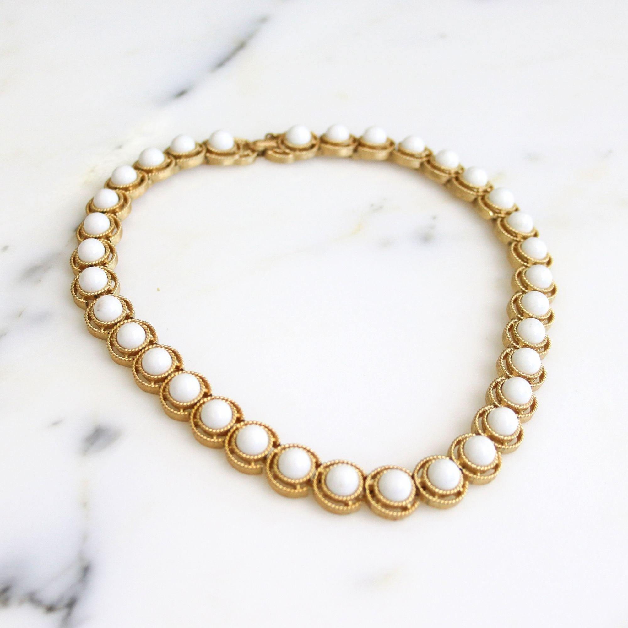 Vintage Crown Trifari White Cabochon and Gold Choker Necklace by Crown Trifari - Vintage Meet Modern Vintage Jewelry - Chicago, Illinois - #oldhollywoodglamour #vintagemeetmodern #designervintage #jewelrybox #antiquejewelry #vintagejewelry