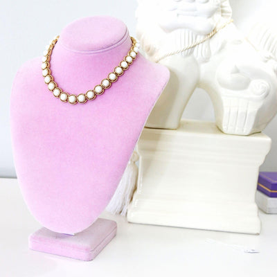 Vintage Crown Trifari White Cabochon and Gold Choker Necklace by Crown Trifari - Vintage Meet Modern Vintage Jewelry - Chicago, Illinois - #oldhollywoodglamour #vintagemeetmodern #designervintage #jewelrybox #antiquejewelry #vintagejewelry