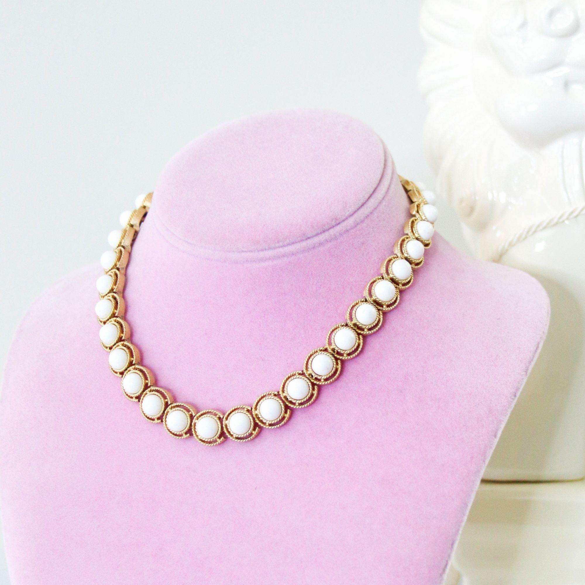 Vintage Crown Trifari White Cabochon and Gold Choker Necklace by Crown Trifari - Vintage Meet Modern Vintage Jewelry - Chicago, Illinois - #oldhollywoodglamour #vintagemeetmodern #designervintage #jewelrybox #antiquejewelry #vintagejewelry
