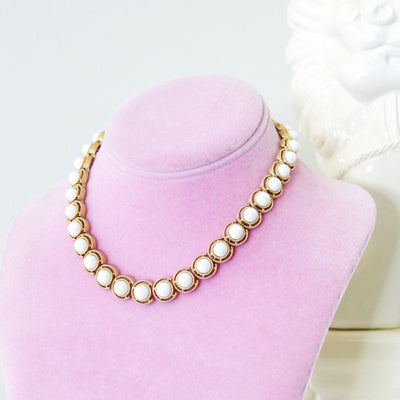 Vintage Crown Trifari White Cabochon and Gold Choker Necklace by Crown Trifari - Vintage Meet Modern Vintage Jewelry - Chicago, Illinois - #oldhollywoodglamour #vintagemeetmodern #designervintage #jewelrybox #antiquejewelry #vintagejewelry