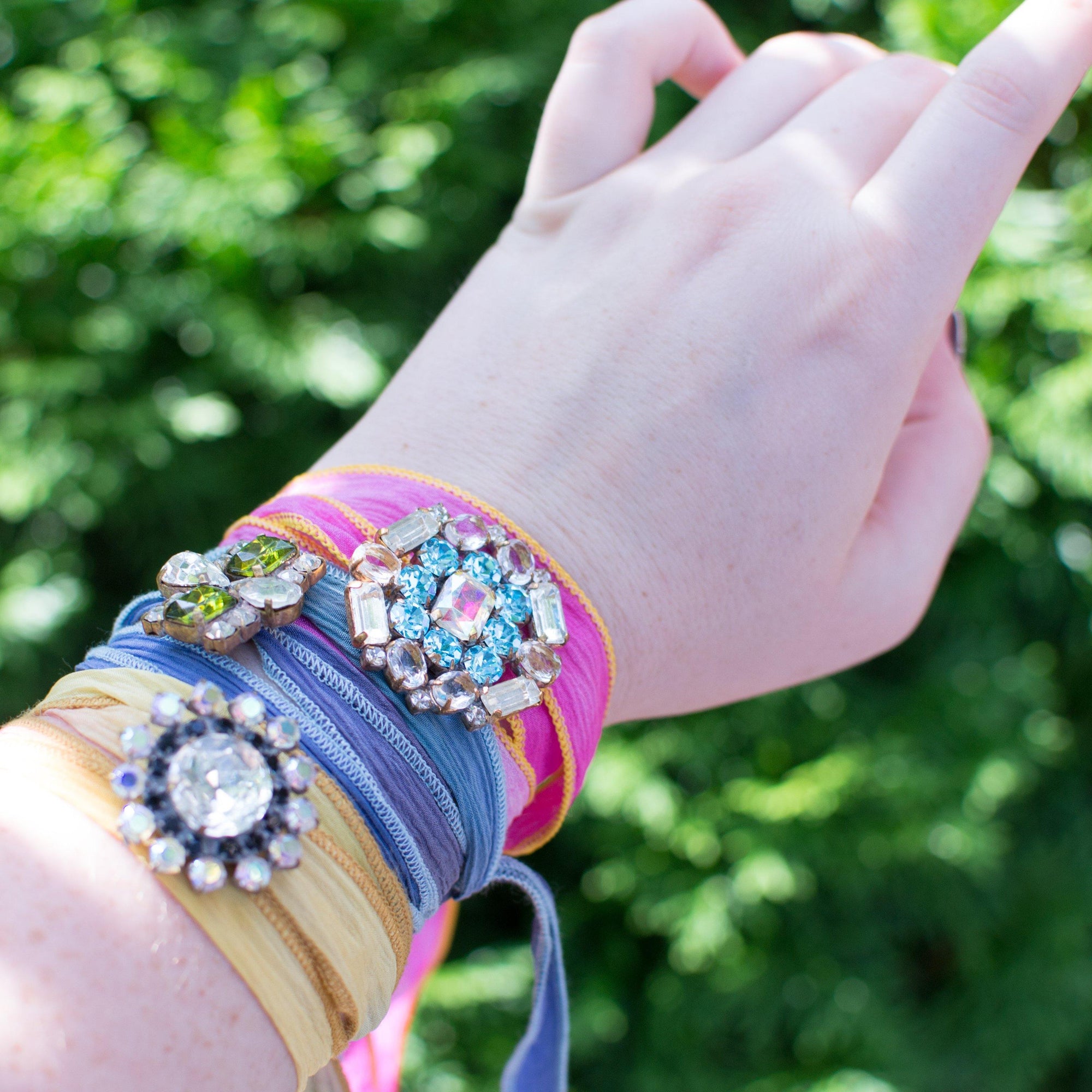 Pink Ribbon Wrap Bracelet with Blue and Diamante Rhinestone Button by Vintage Meet Modern - Vintage Meet Modern Vintage Jewelry - Chicago, Illinois - #oldhollywoodglamour #vintagemeetmodern #designervintage #jewelrybox #antiquejewelry #vintagejewelry