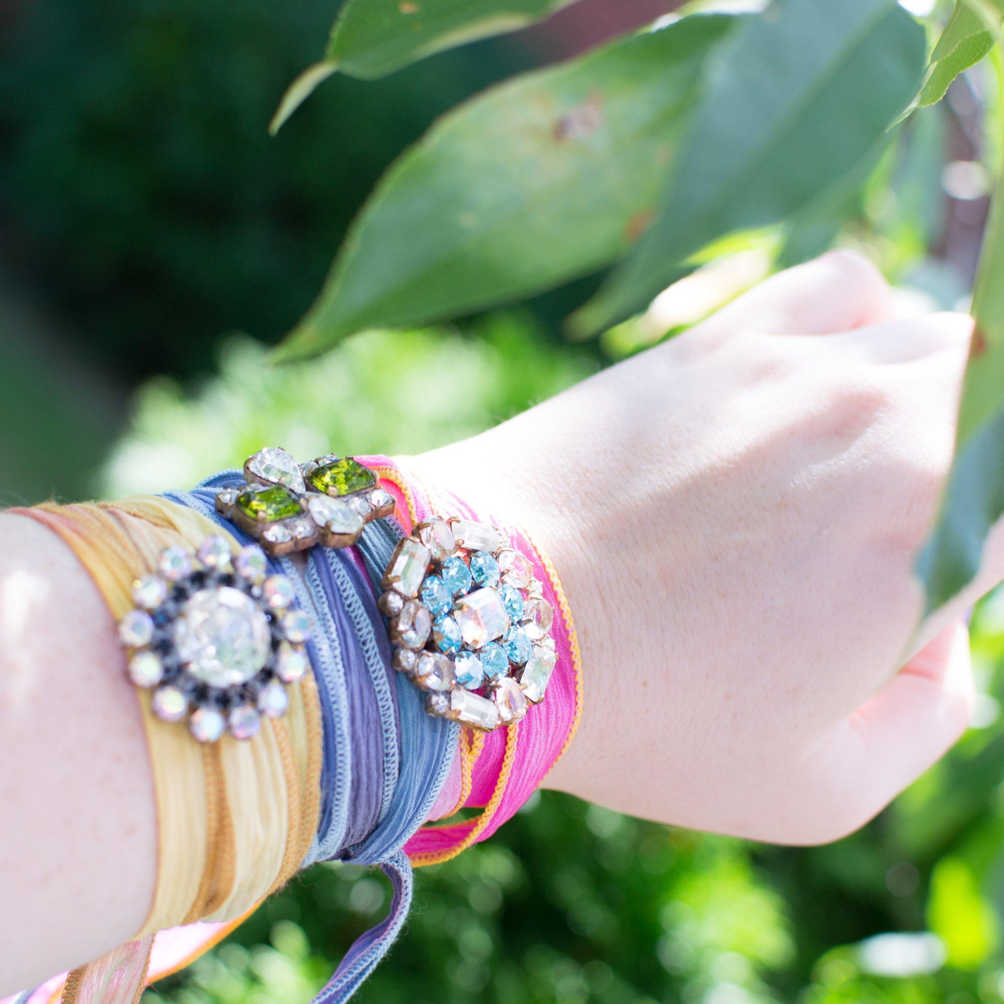 Pink Ribbon Wrap Bracelet with Blue and Diamante Rhinestone Button by Vintage Meet Modern - Vintage Meet Modern Vintage Jewelry - Chicago, Illinois - #oldhollywoodglamour #vintagemeetmodern #designervintage #jewelrybox #antiquejewelry #vintagejewelry