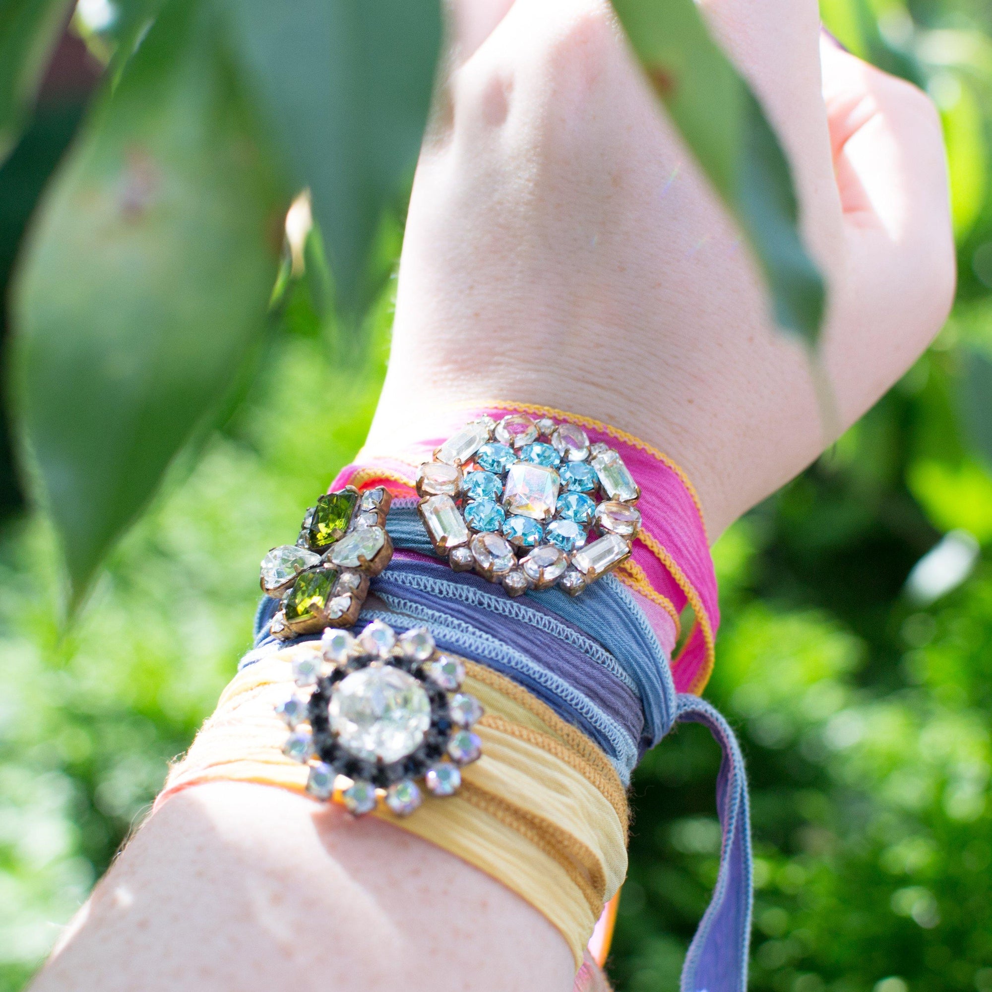 Lime Green Ribbon Wrap Bracelet with Blue, Yellow Diamante Rhinestone Button by Vintage Meet Modern - Vintage Meet Modern Vintage Jewelry - Chicago, Illinois - #oldhollywoodglamour #vintagemeetmodern #designervintage #jewelrybox #antiquejewelry #vintagejewelry