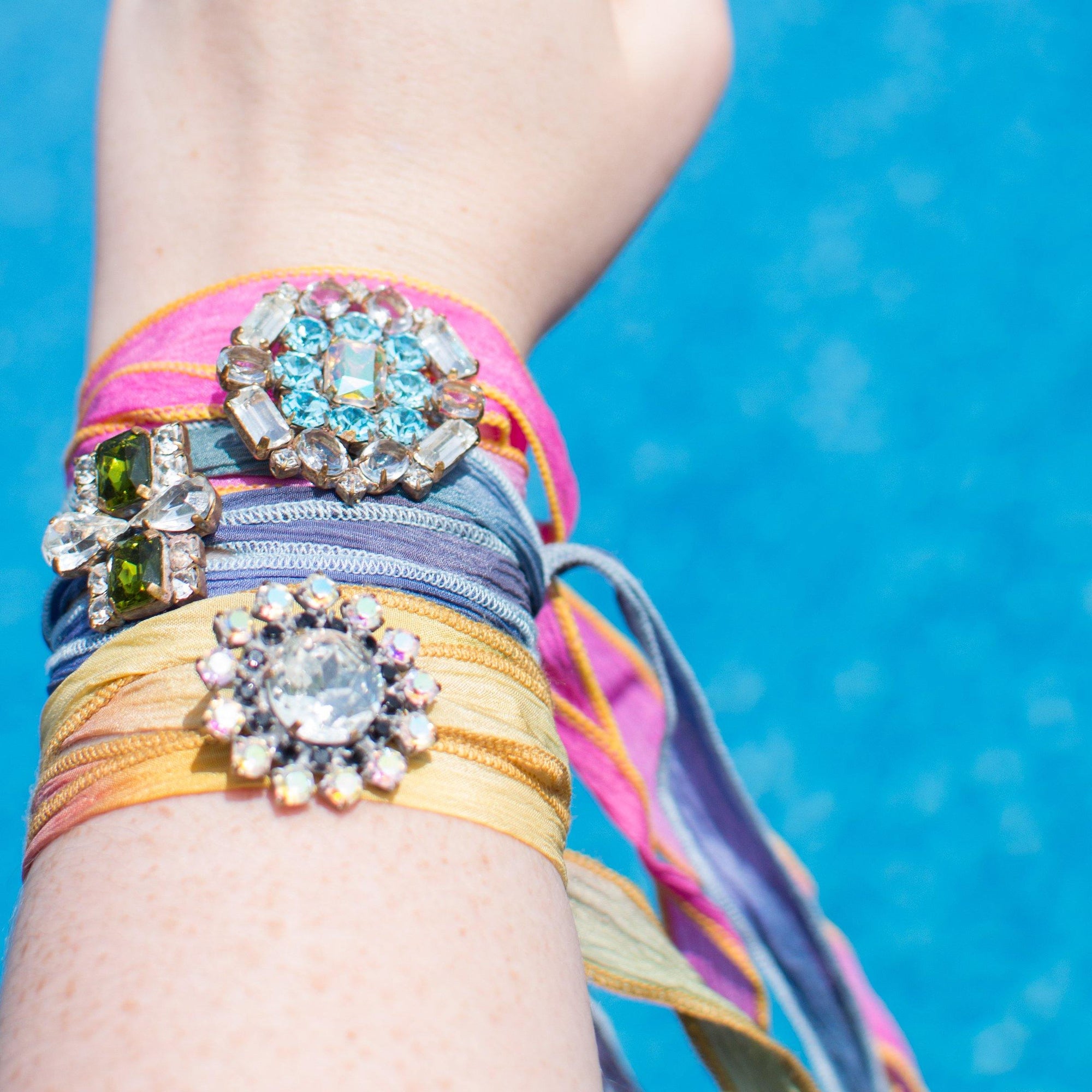 Green and Red Ribbon Wrap Bracelet with Aurora Borealis and Diamante Rhinestone Button by Vintage Meet Modern - Vintage Meet Modern Vintage Jewelry - Chicago, Illinois - #oldhollywoodglamour #vintagemeetmodern #designervintage #jewelrybox #antiquejewelry #vintagejewelry