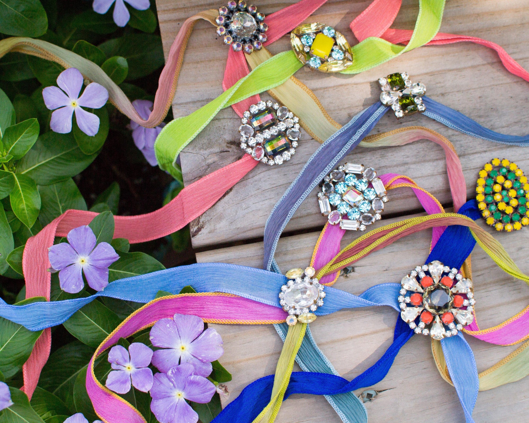 Pink Ribbon Wrap Bracelet with Blue and Diamante Rhinestone Button by Vintage Meet Modern - Vintage Meet Modern Vintage Jewelry - Chicago, Illinois - #oldhollywoodglamour #vintagemeetmodern #designervintage #jewelrybox #antiquejewelry #vintagejewelry