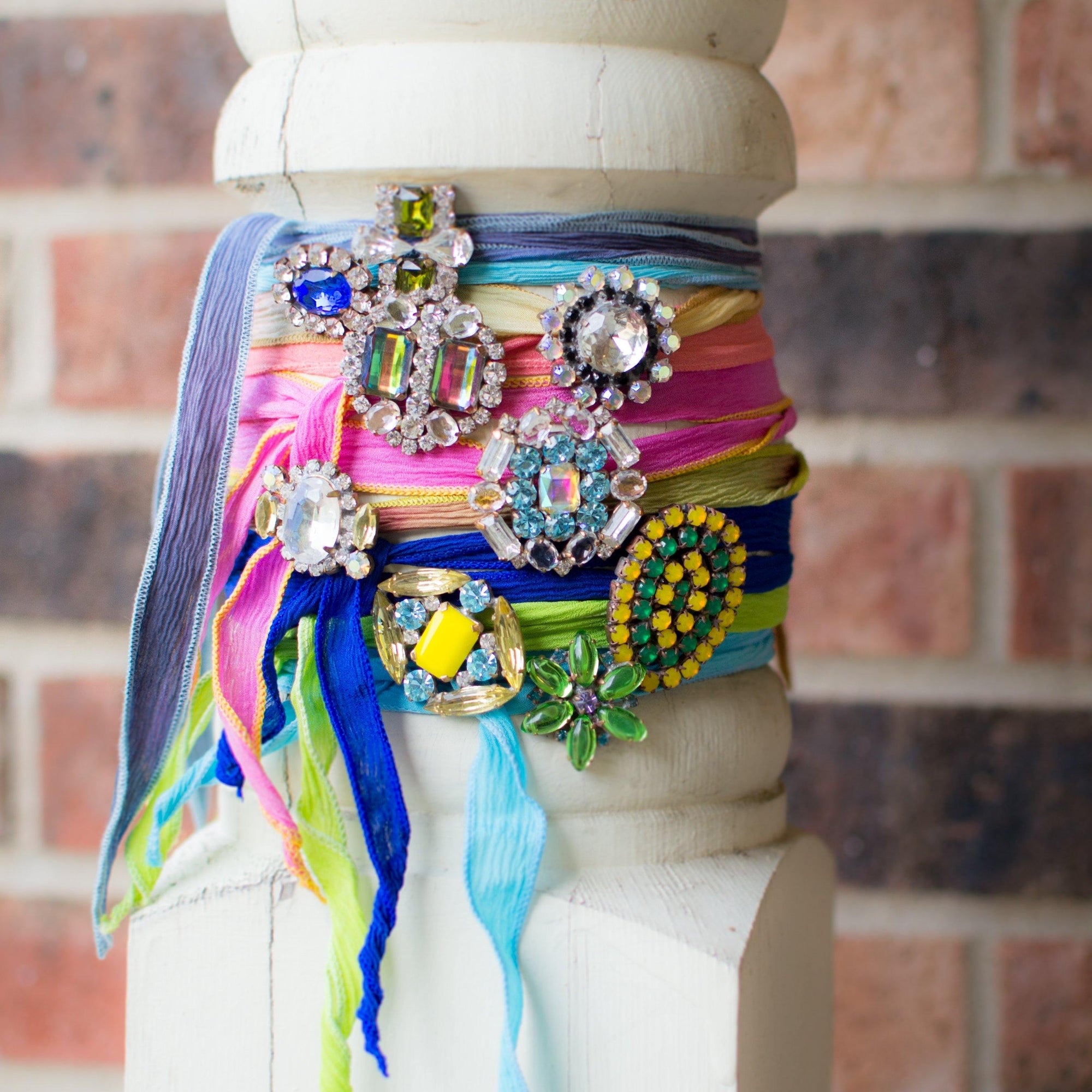 Turquoise Ribbon Wrap Bracelet with Sapphire Blue and Diamante Rhinestone Button by Vintage Meet Modern - Vintage Meet Modern Vintage Jewelry - Chicago, Illinois - #oldhollywoodglamour #vintagemeetmodern #designervintage #jewelrybox #antiquejewelry #vintagejewelry