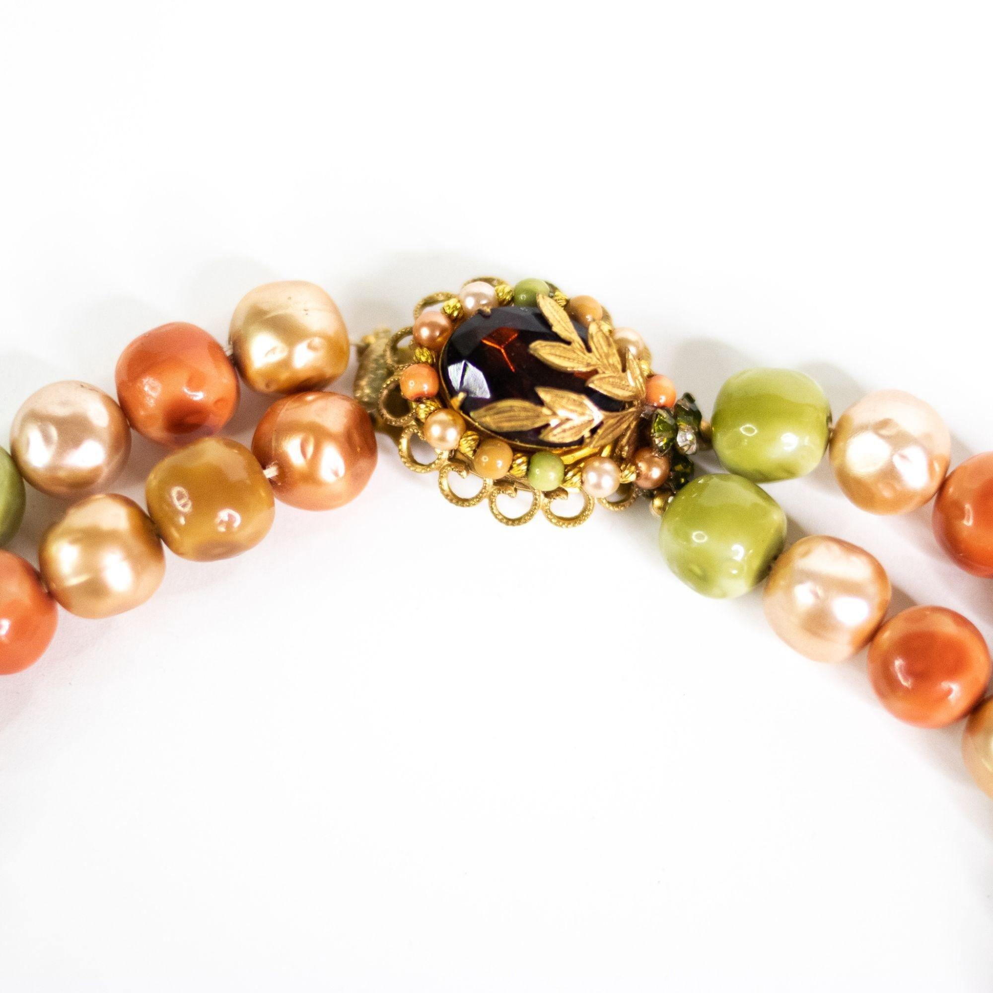 Vintage Green, Tangerine, Champagne, Bronze Double Strand Necklace by Unsigned Beauty - Vintage Meet Modern Vintage Jewelry - Chicago, Illinois - #oldhollywoodglamour #vintagemeetmodern #designervintage #jewelrybox #antiquejewelry #vintagejewelry