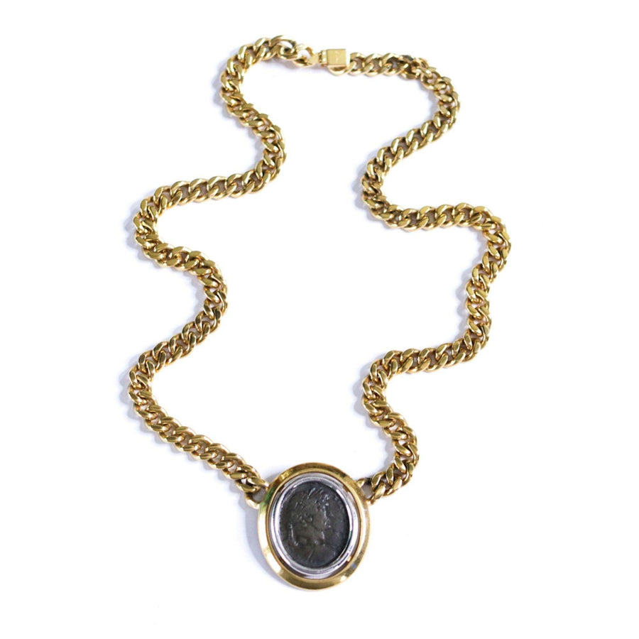 Vintage Ciner Etruscan Coin Gold with Silver Statement Necklace by Ciner - Vintage Meet Modern Vintage Jewelry - Chicago, Illinois - #oldhollywoodglamour #vintagemeetmodern #designervintage #jewelrybox #antiquejewelry #vintagejewelry