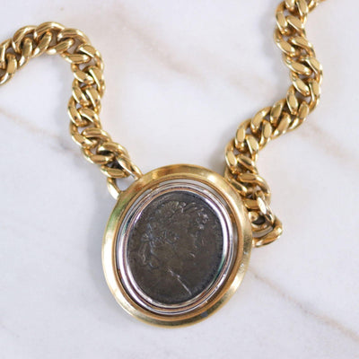 Vintage Ciner Etruscan Coin Gold with Silver Statement Necklace by Ciner - Vintage Meet Modern Vintage Jewelry - Chicago, Illinois - #oldhollywoodglamour #vintagemeetmodern #designervintage #jewelrybox #antiquejewelry #vintagejewelry