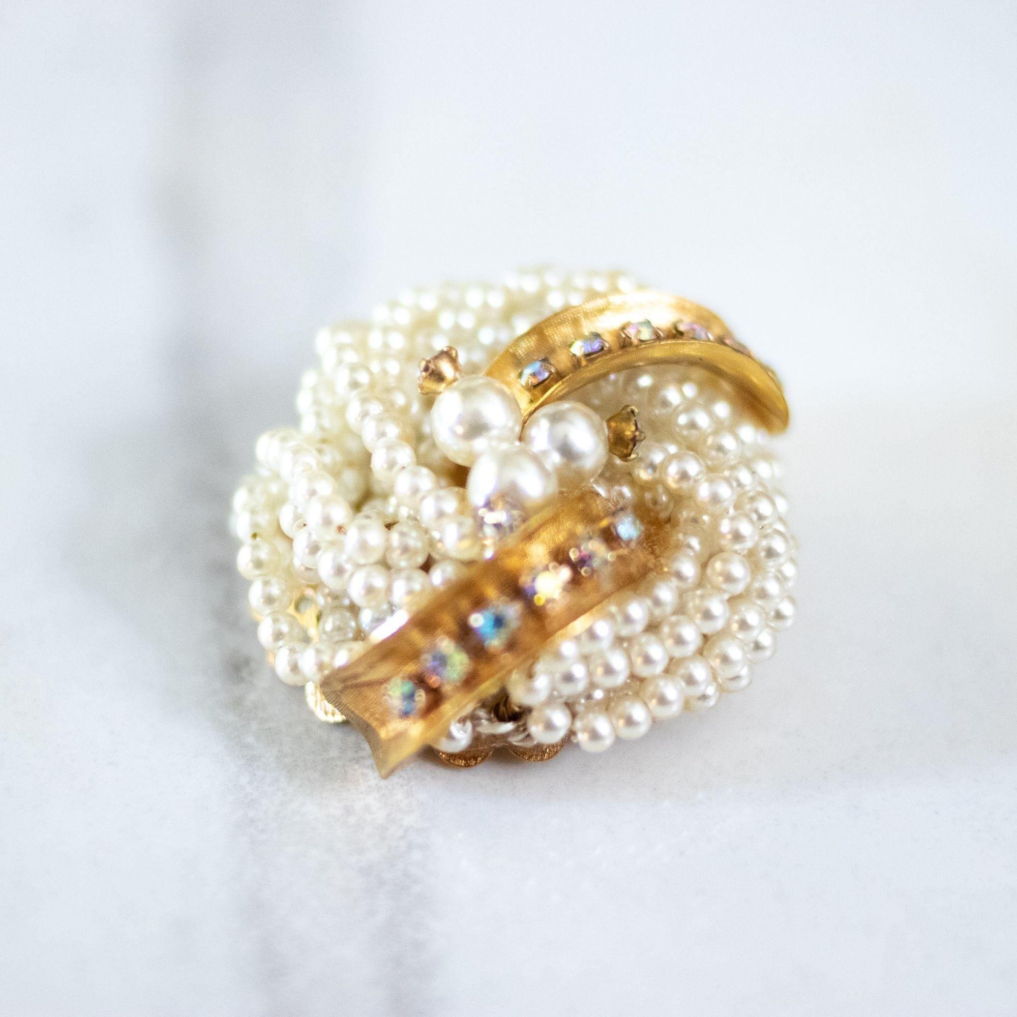 Vintage Pearl Cluster Brooch with Aurora Borealis Rhinestones by Unsigned Beauty - Vintage Meet Modern Vintage Jewelry - Chicago, Illinois - #oldhollywoodglamour #vintagemeetmodern #designervintage #jewelrybox #antiquejewelry #vintagejewelry