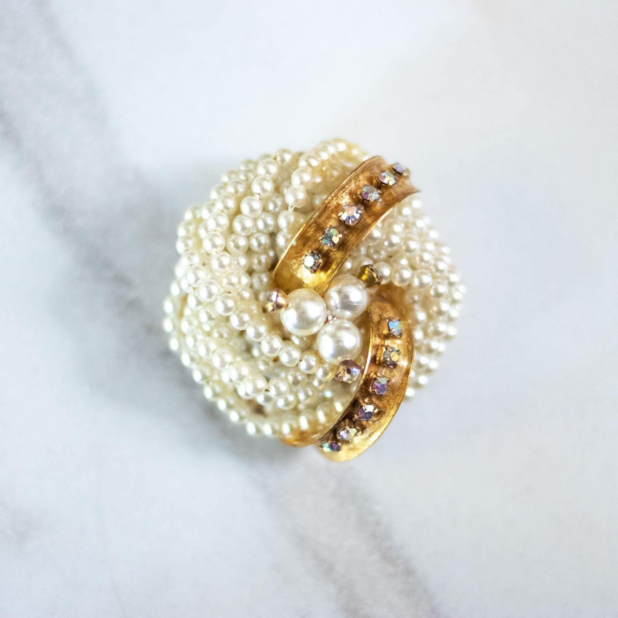 Vintage Pearl Cluster Brooch with Aurora Borealis Rhinestones by Unsigned Beauty - Vintage Meet Modern Vintage Jewelry - Chicago, Illinois - #oldhollywoodglamour #vintagemeetmodern #designervintage #jewelrybox #antiquejewelry #vintagejewelry