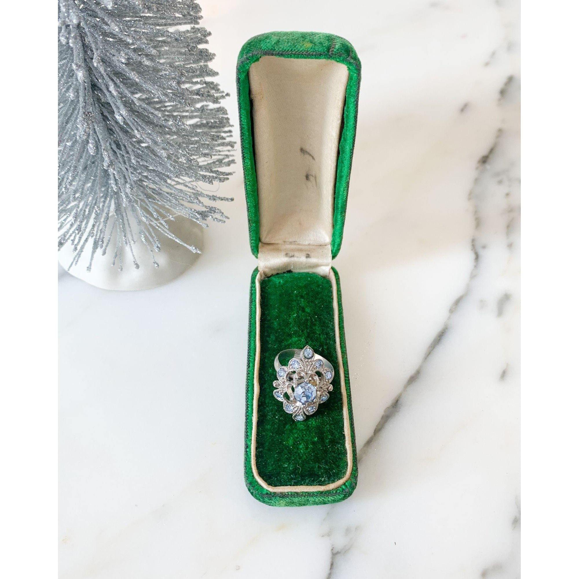 Ice Blue Filigree Statement Ring by Unsigned Beauty - Vintage Meet Modern Vintage Jewelry - Chicago, Illinois - #oldhollywoodglamour #vintagemeetmodern #designervintage #jewelrybox #antiquejewelry #vintagejewelry