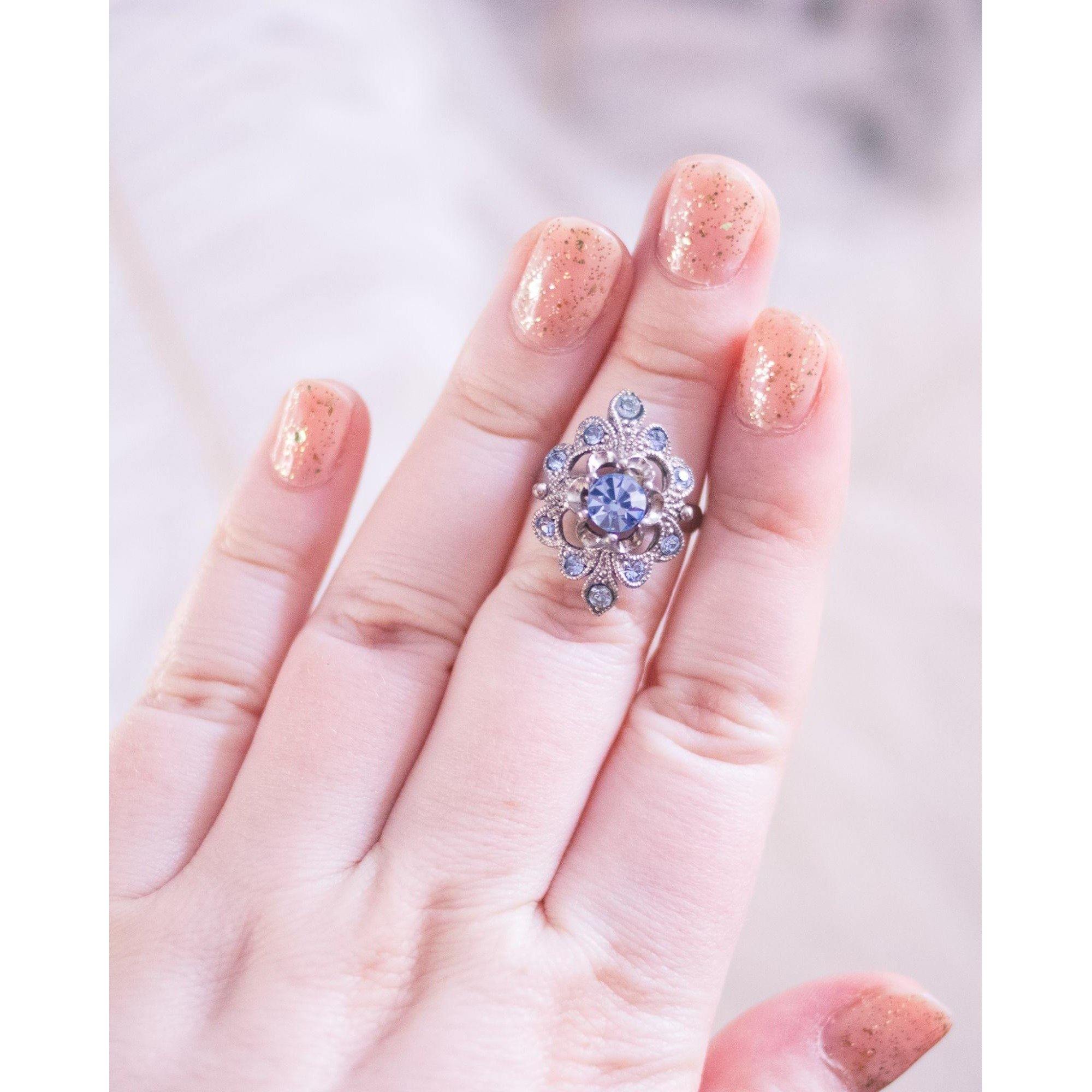 Ice Blue Filigree Statement Ring by Unsigned Beauty - Vintage Meet Modern Vintage Jewelry - Chicago, Illinois - #oldhollywoodglamour #vintagemeetmodern #designervintage #jewelrybox #antiquejewelry #vintagejewelry